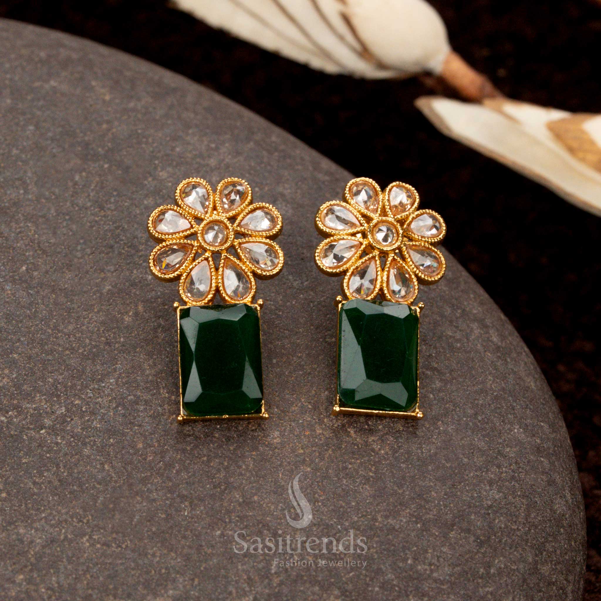 Stylish Antique Gold Plated Trendy Stone Earrings with Floral & Rectangular Design For Special Occasions - Sasitrends - Image 5