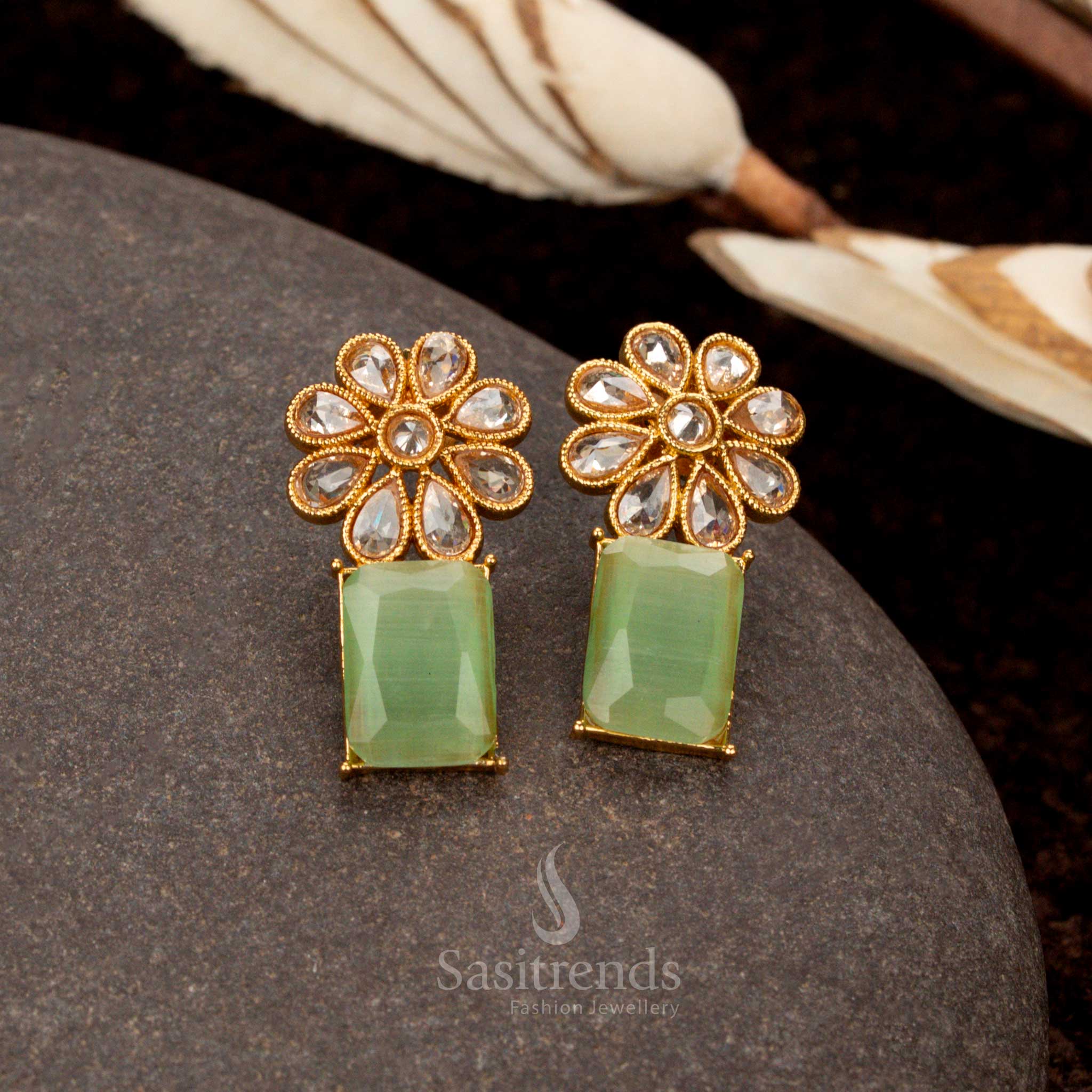 Stylish Antique Gold Plated Trendy Stone Earrings with Floral & Rectangular Design For Special Occasions - Sasitrends - Image 7