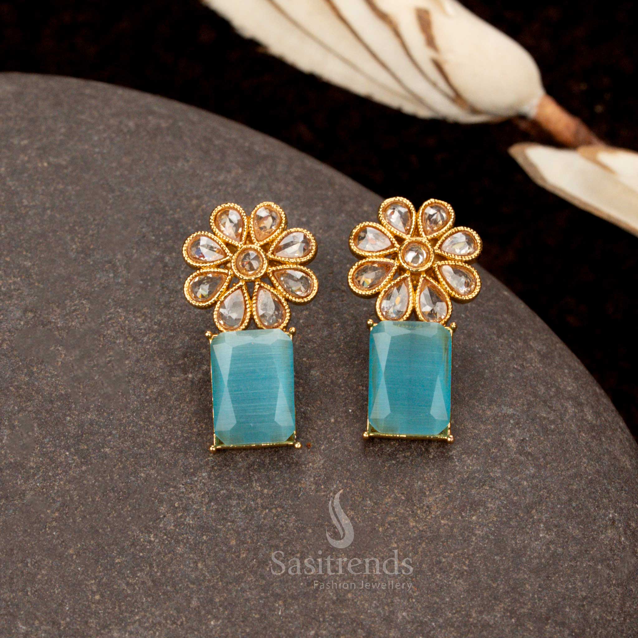 Stylish Antique Gold Plated Trendy Stone Earrings with Floral & Rectangular Design For Special Occasions - Sasitrends - Image 8