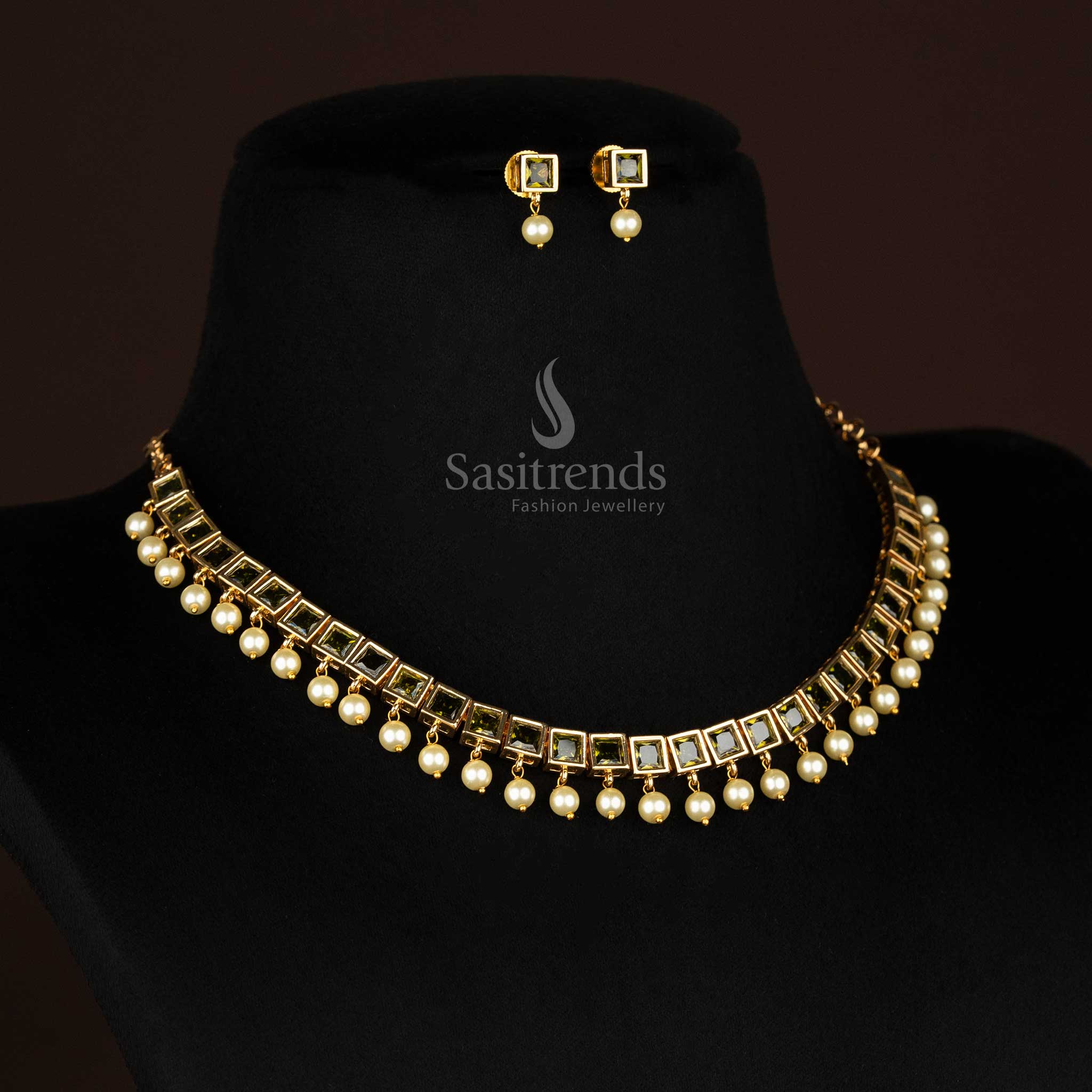 Stylish American Diamond Square Stone Necklace Jewellery Set with Pearl Hangings - Sasitrends - Image 10