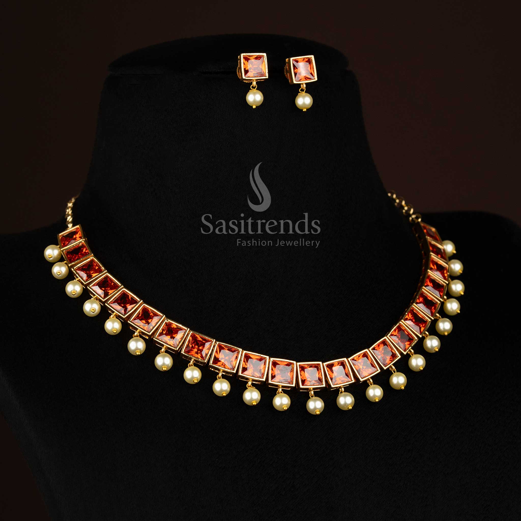 Stylish American Diamond Square Stone Necklace Jewellery Set with Pearl Hangings - Sasitrends - Image 11