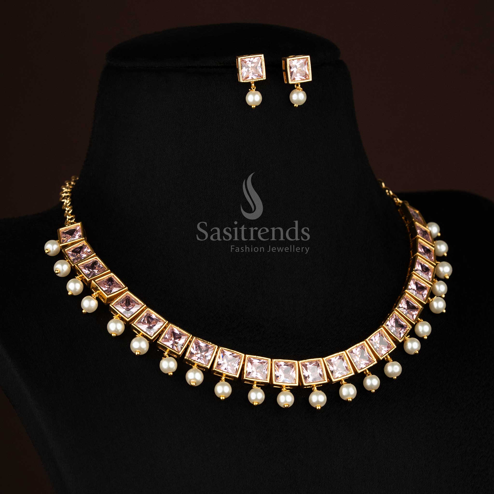 Stylish American Diamond Square Stone Necklace Jewellery Set with Pearl Hangings - Sasitrends - Image 12