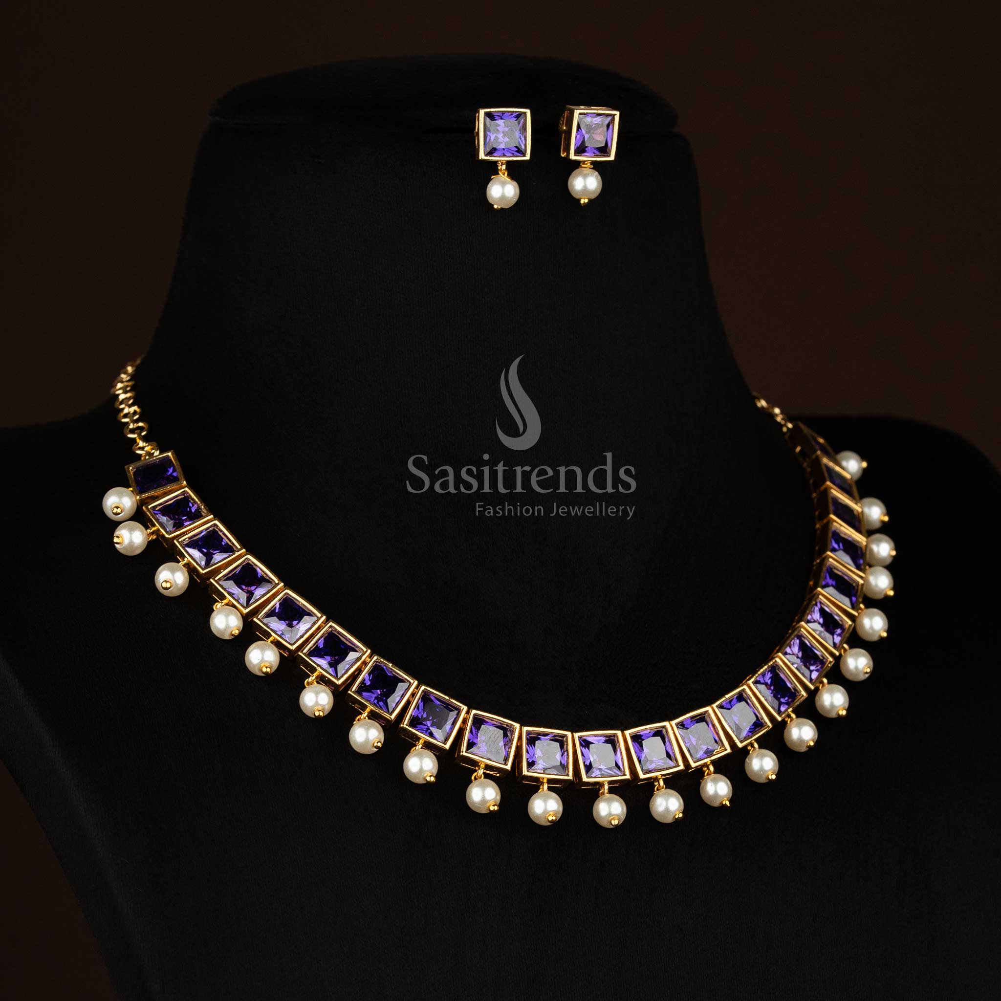 Stylish American Diamond Square Stone Necklace Jewellery Set with Pearl Hangings - Sasitrends - Image 16