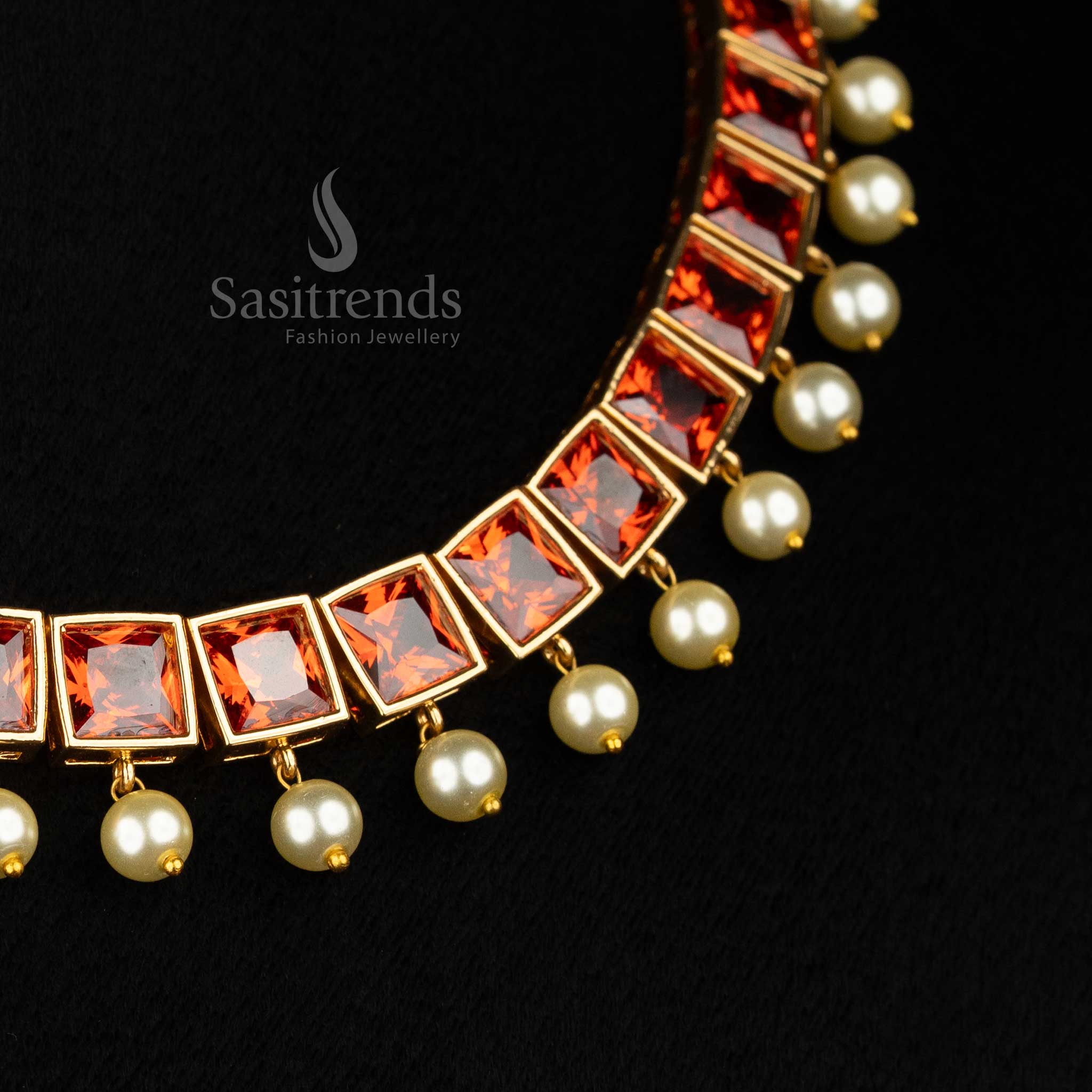 Stylish American Diamond Square Stone Necklace Jewellery Set with Pearl Hangings - Sasitrends - Image 17