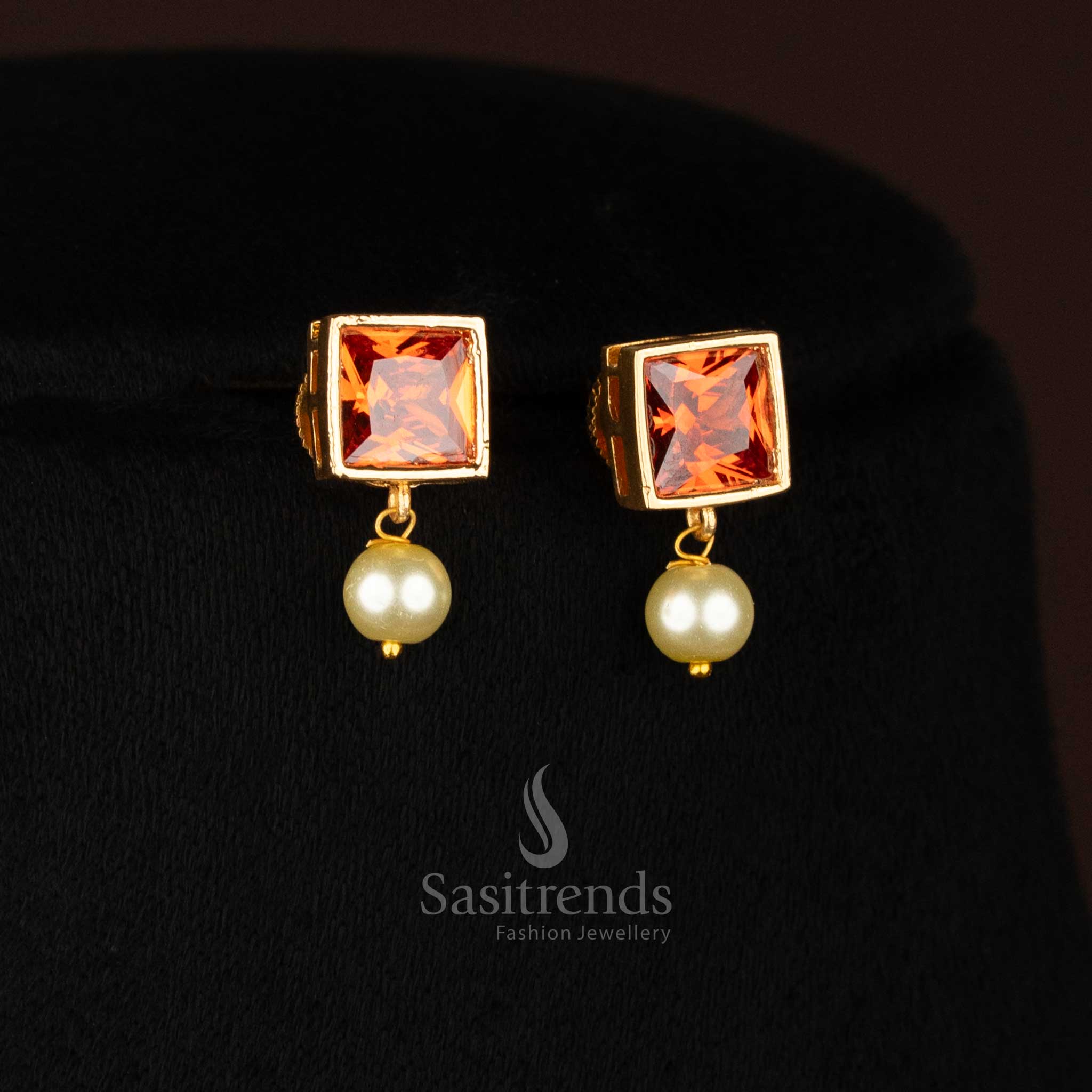 Stylish American Diamond Square Stone Necklace Jewellery Set with Pearl Hangings - Sasitrends - Image 18