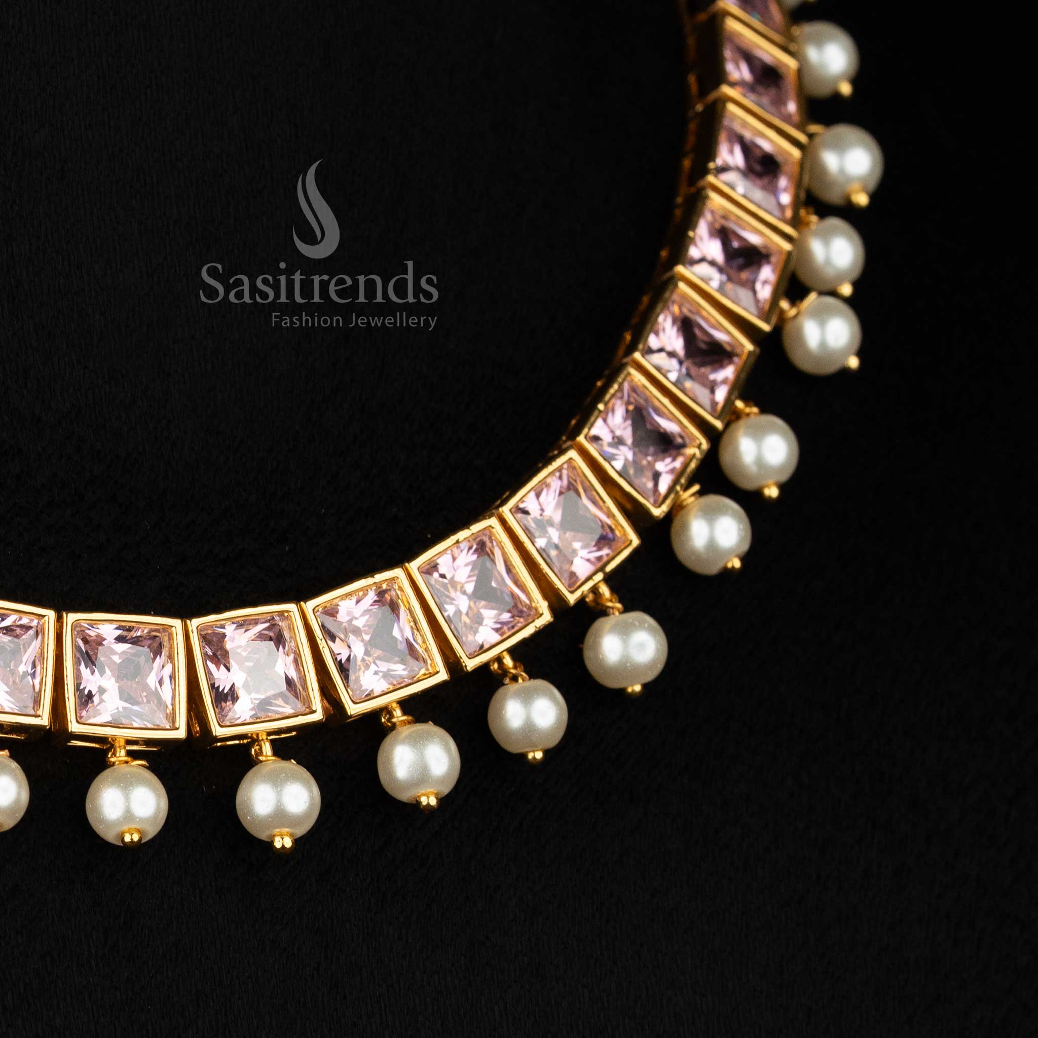 Stylish American Diamond Square Stone Necklace Jewellery Set with Pearl Hangings - Sasitrends - Image 19