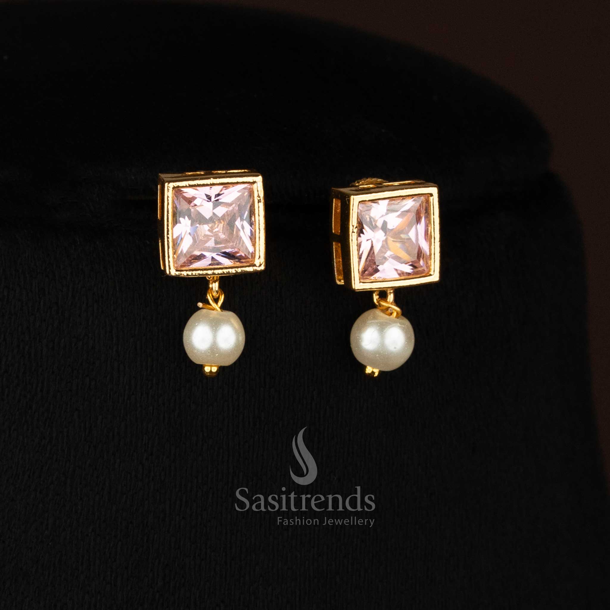 Stylish American Diamond Square Stone Necklace Jewellery Set with Pearl Hangings - Sasitrends - Image 20