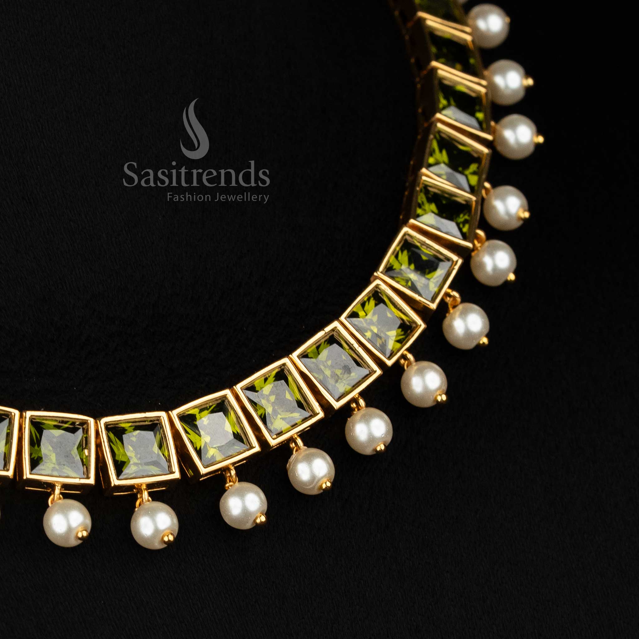 Stylish American Diamond Square Stone Necklace Jewellery Set with Pearl Hangings - Sasitrends - Image 21