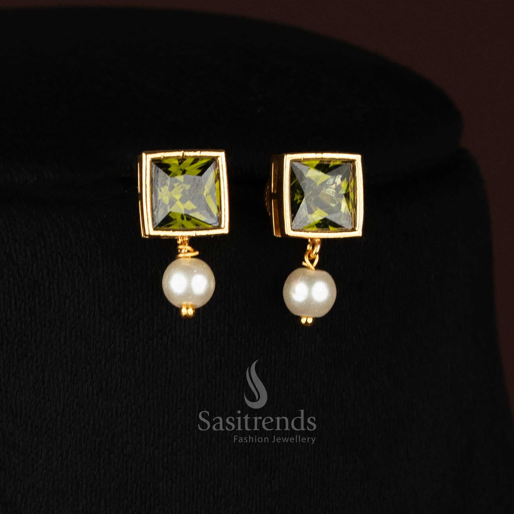 Stylish American Diamond Square Stone Necklace Jewellery Set with Pearl Hangings - Sasitrends - Image 22