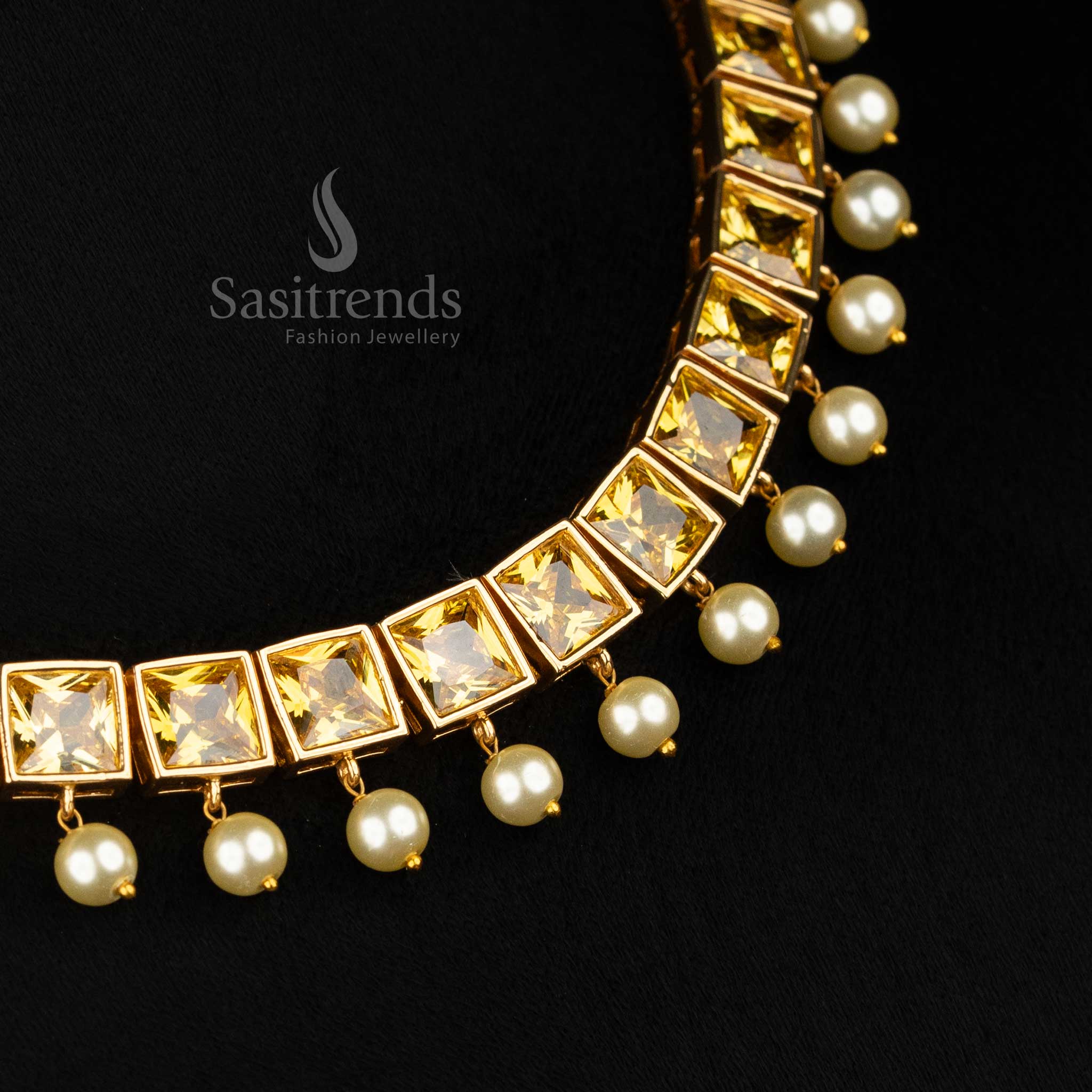 Stylish American Diamond Square Stone Necklace Jewellery Set with Pearl Hangings - Sasitrends - Image 23