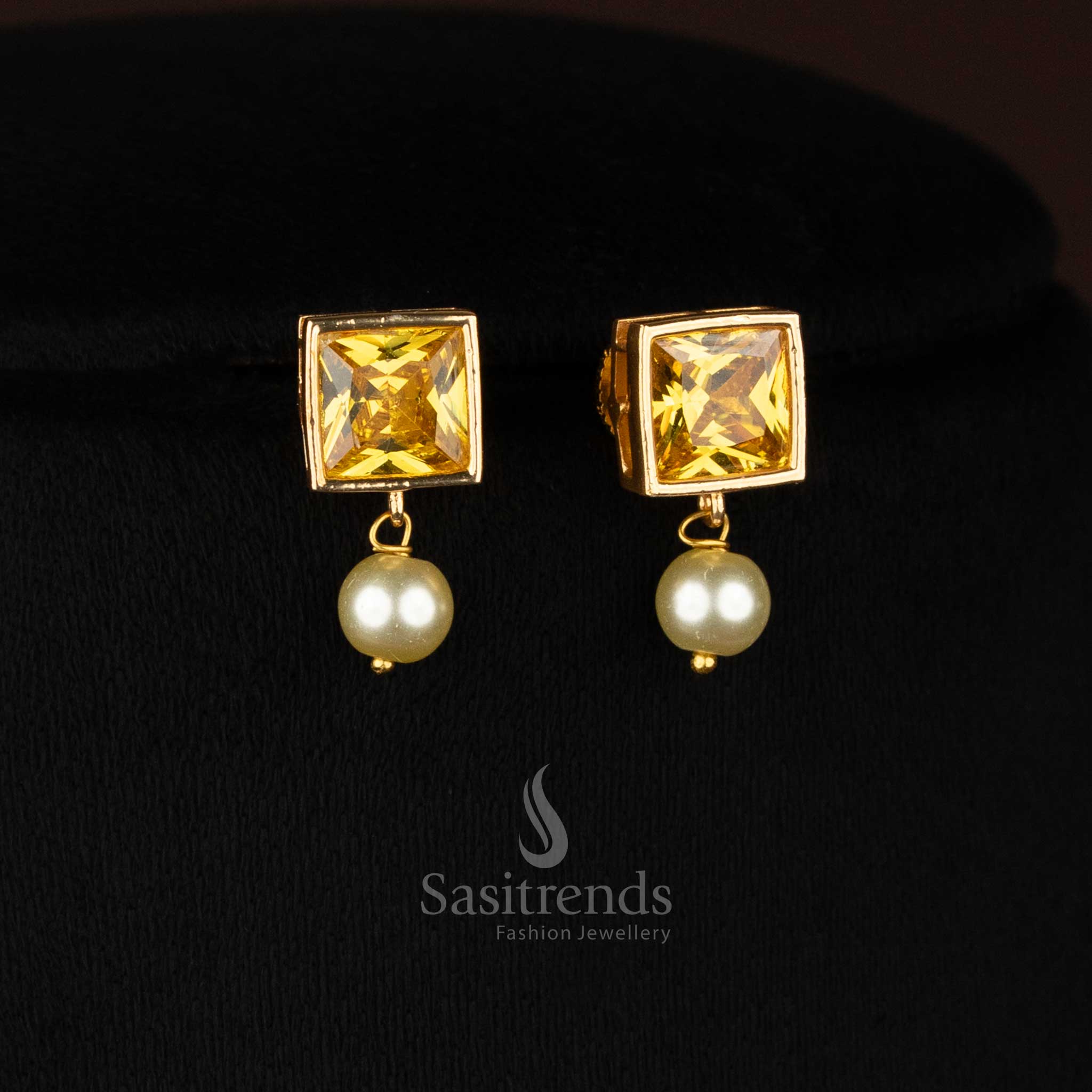 Stylish American Diamond Square Stone Necklace Jewellery Set with Pearl Hangings - Sasitrends - Image 24