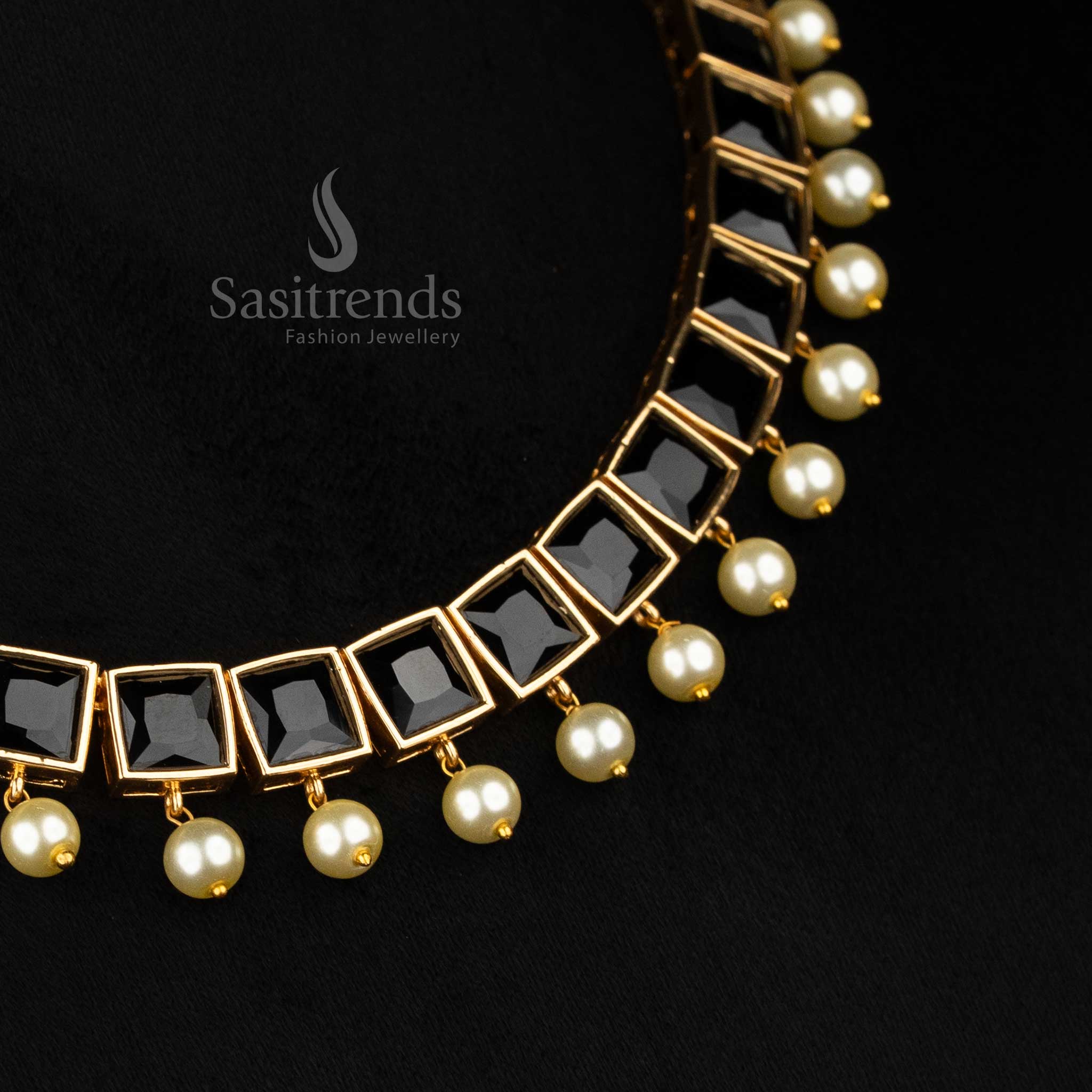 Stylish American Diamond Square Stone Necklace Jewellery Set with Pearl Hangings - Sasitrends - Image 25