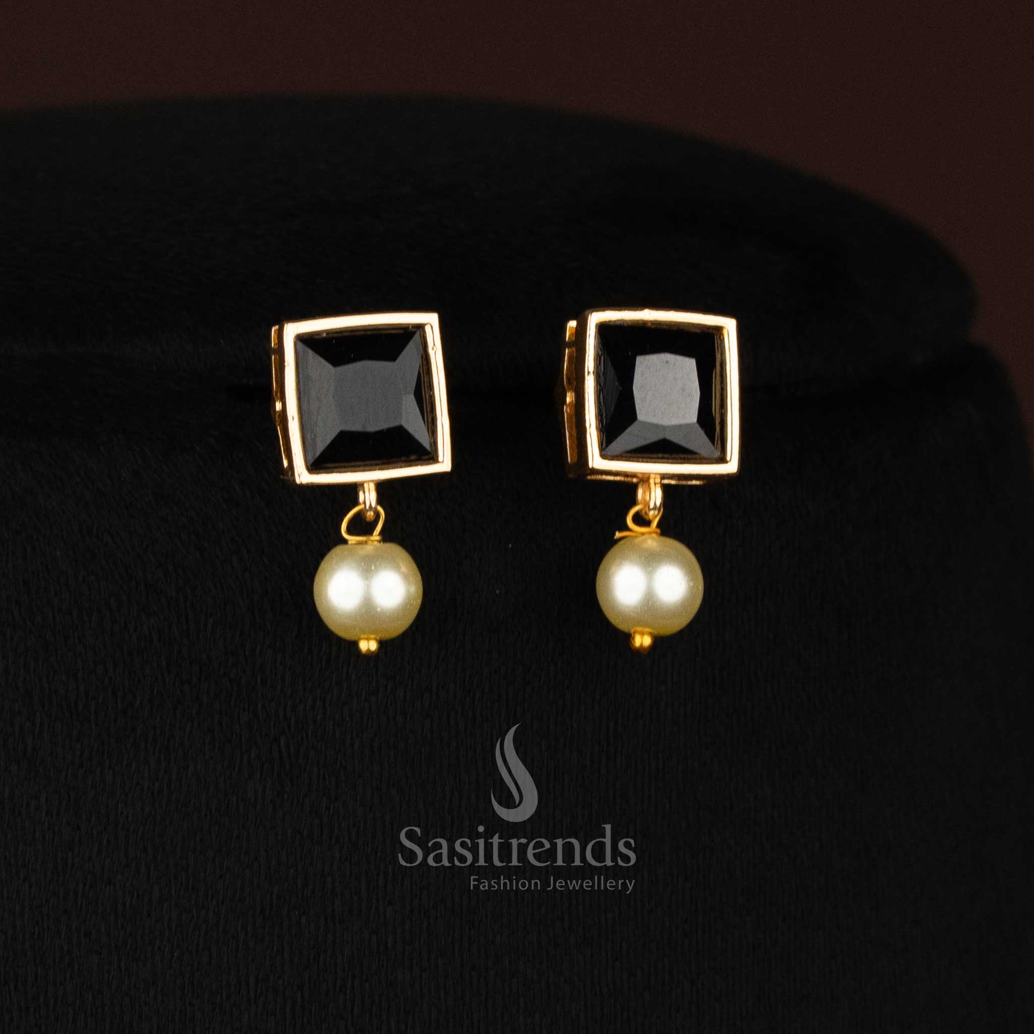 Stylish American Diamond Square Stone Necklace Jewellery Set with Pearl Hangings - Sasitrends - Image 26
