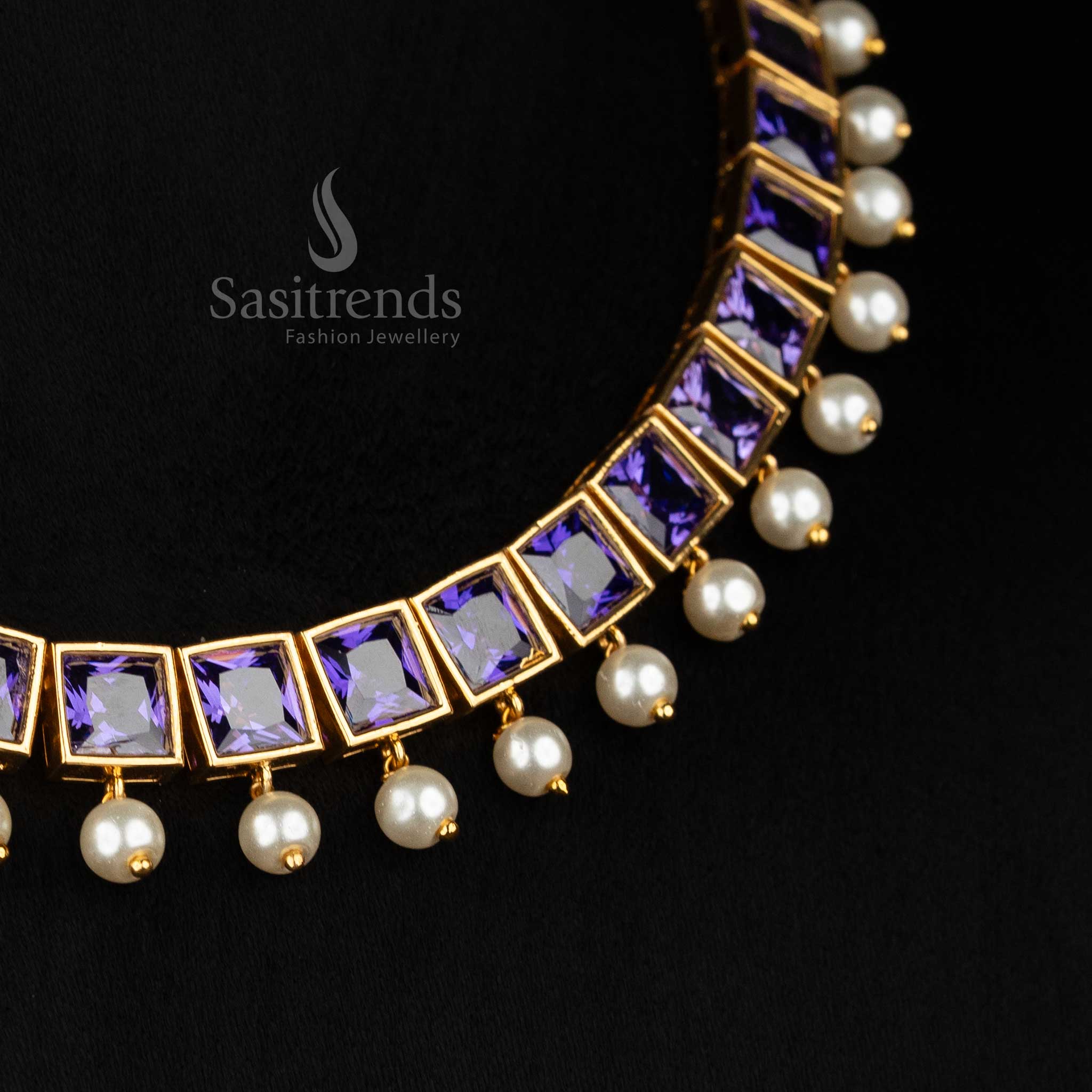 Stylish American Diamond Square Stone Necklace Jewellery Set with Pearl Hangings - Sasitrends - Image 27