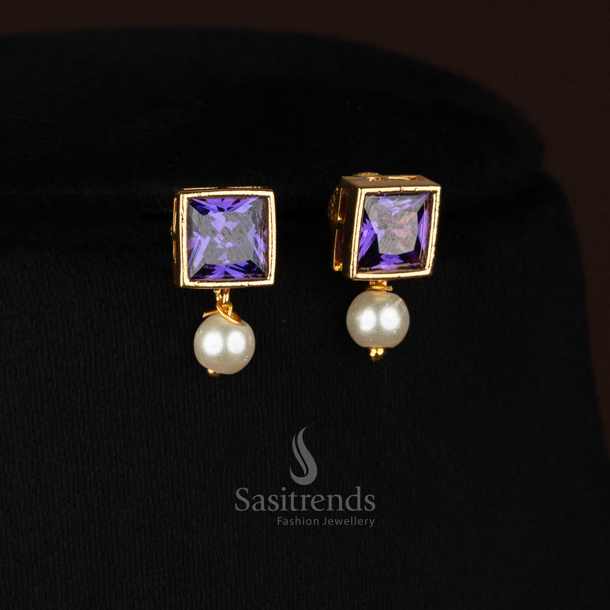 Stylish American Diamond Square Stone Necklace Jewellery Set with Pearl Hangings - Sasitrends - Image 28
