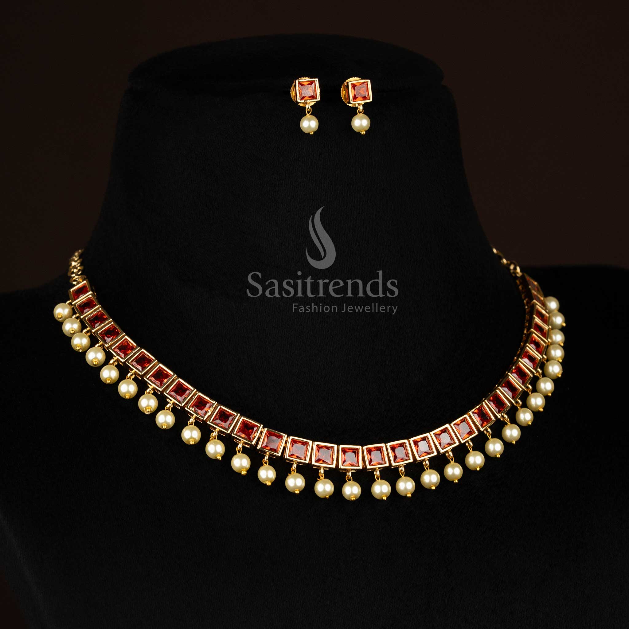 Stylish American Diamond Square Stone Necklace Jewellery Set with Pearl Hangings - Sasitrends - Image 30