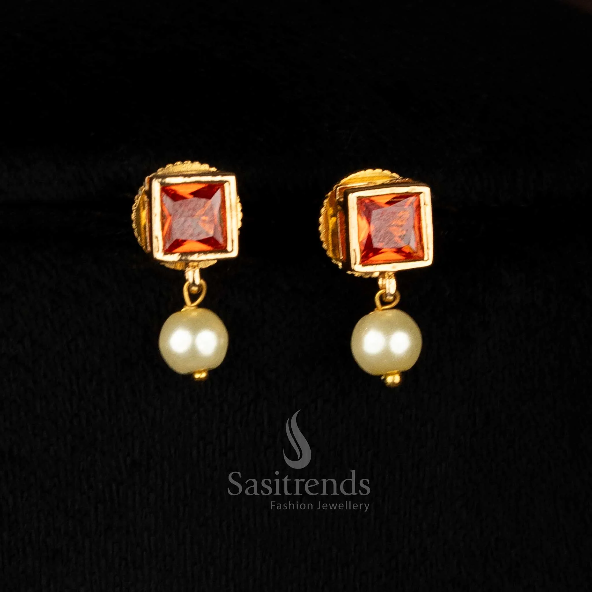 Stylish American Diamond Square Stone Necklace Jewellery Set with Pearl Hangings - Sasitrends - Image 31