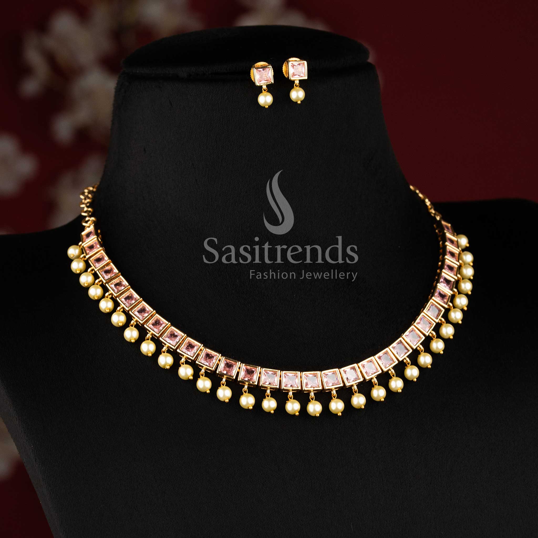Stylish American Diamond Square Stone Necklace Jewellery Set with Pearl Hangings - Sasitrends - Image 35