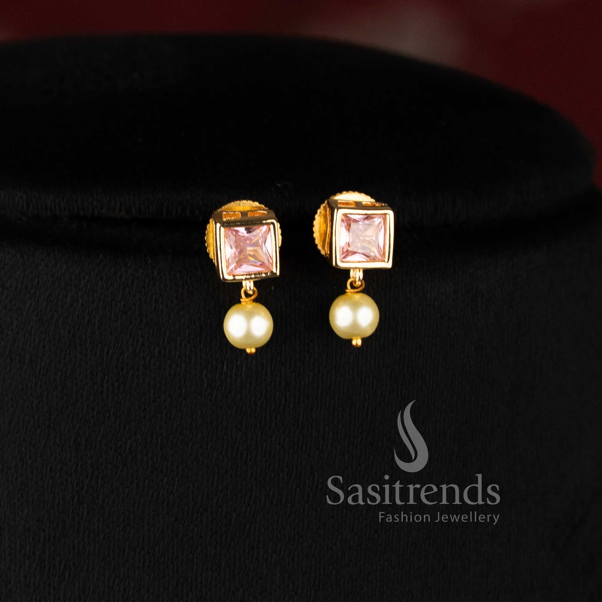 Stylish American Diamond Square Stone Necklace Jewellery Set with Pearl Hangings - Sasitrends - Image 37