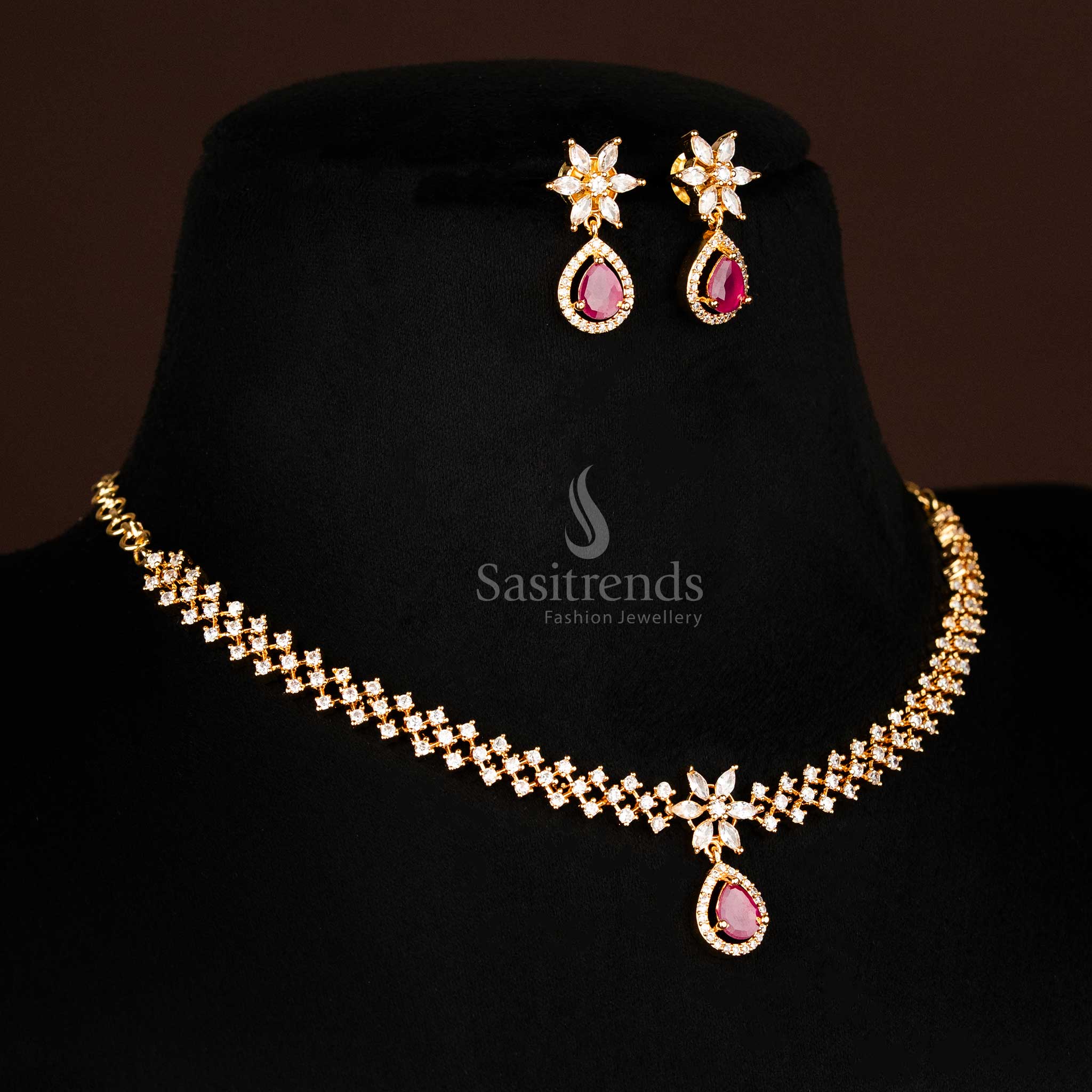 Gorgeous American Diamond Micro Gold Plated Necklace Jewellery Set with Floral Motif and Marquise Shape Inspired Stones - Sasitrends