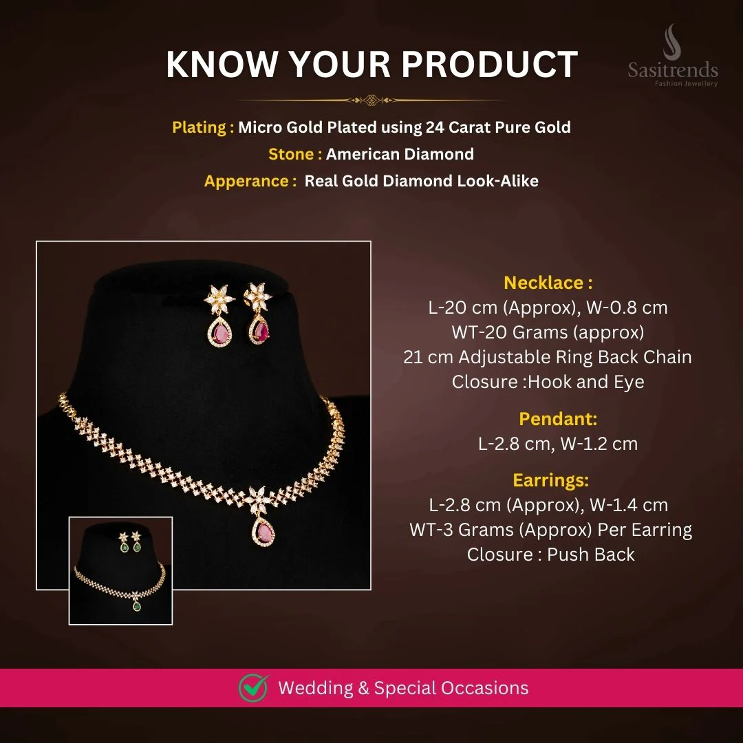 Gorgeous American Diamond Micro Gold Plated Necklace Jewellery Set with Floral Motif and Marquise Shape Inspired Stones - Sasitrends - Image 2