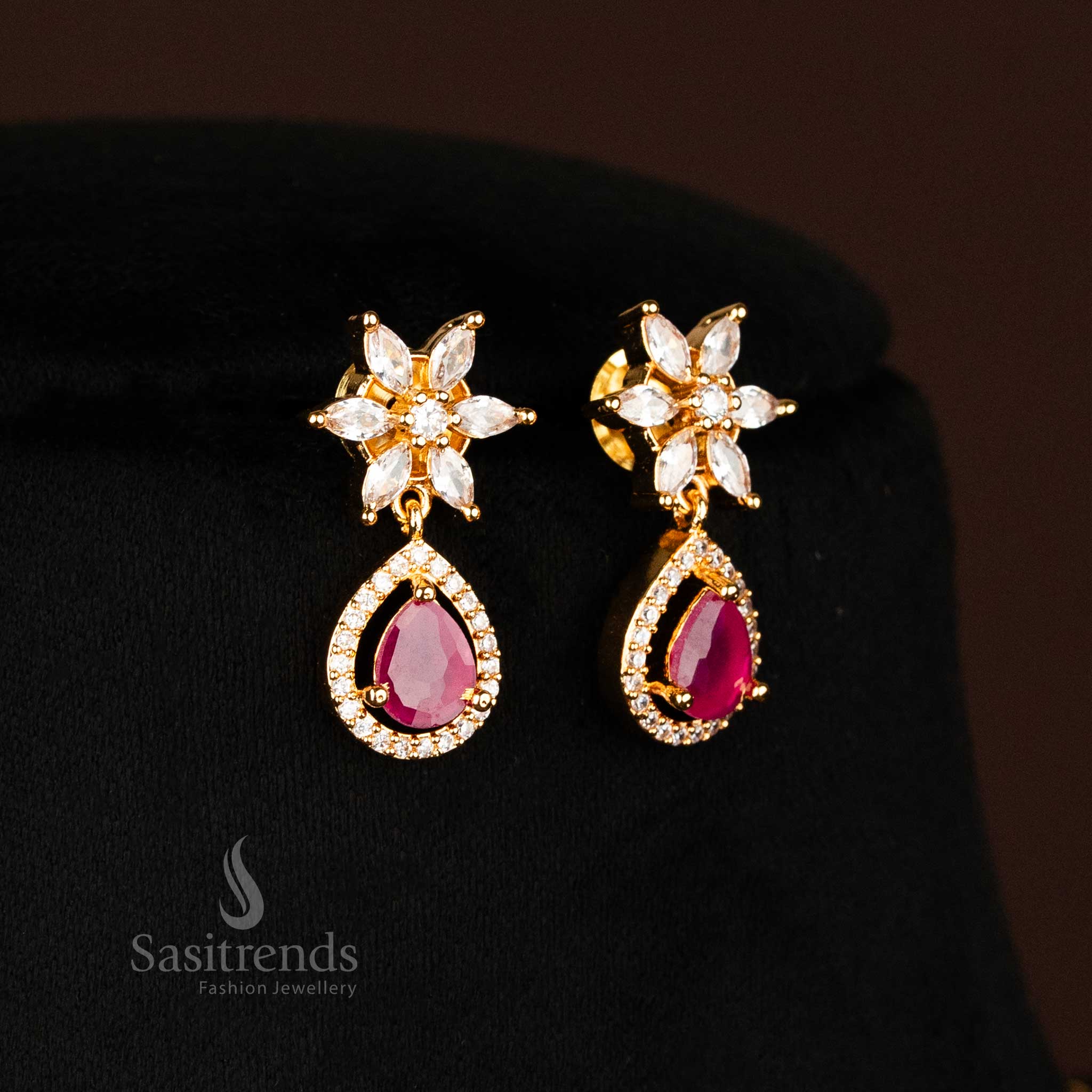 Gorgeous American Diamond Micro Gold Plated Necklace Jewellery Set with Floral Motif and Marquise Shape Inspired Stones - Sasitrends - Image 3