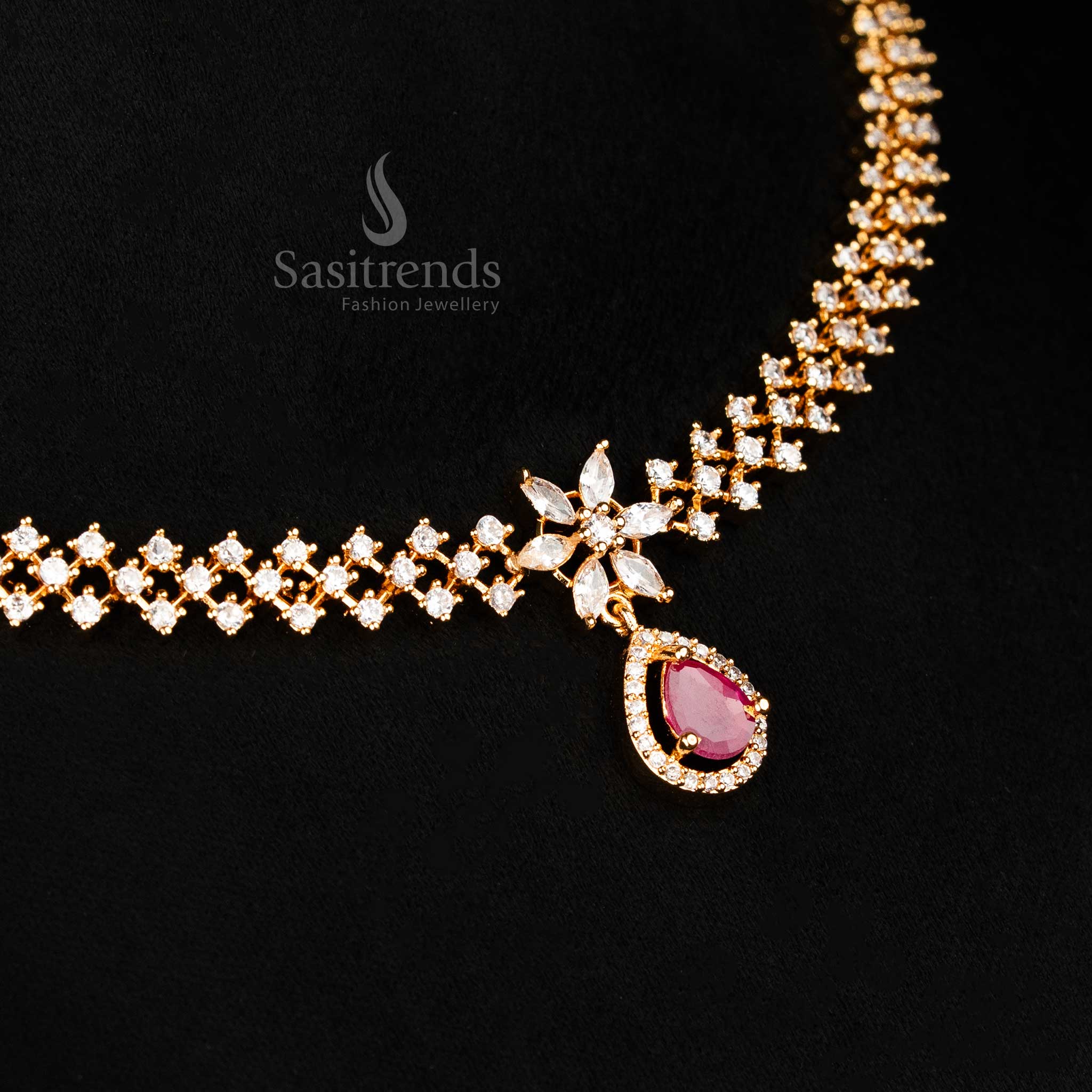 Gorgeous American Diamond Micro Gold Plated Necklace Jewellery Set with Floral Motif and Marquise Shape Inspired Stones - Sasitrends - Image 4