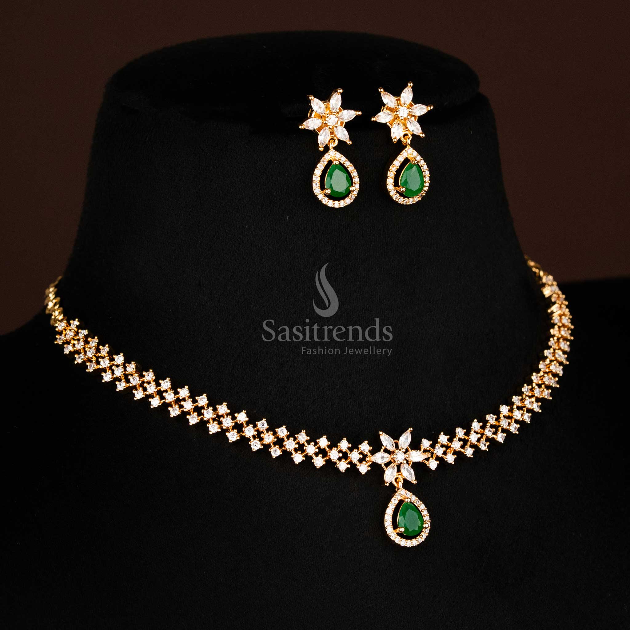 Gorgeous American Diamond Micro Gold Plated Necklace Jewellery Set with Floral Motif and Marquise Shape Inspired Stones - Sasitrends - Image 5