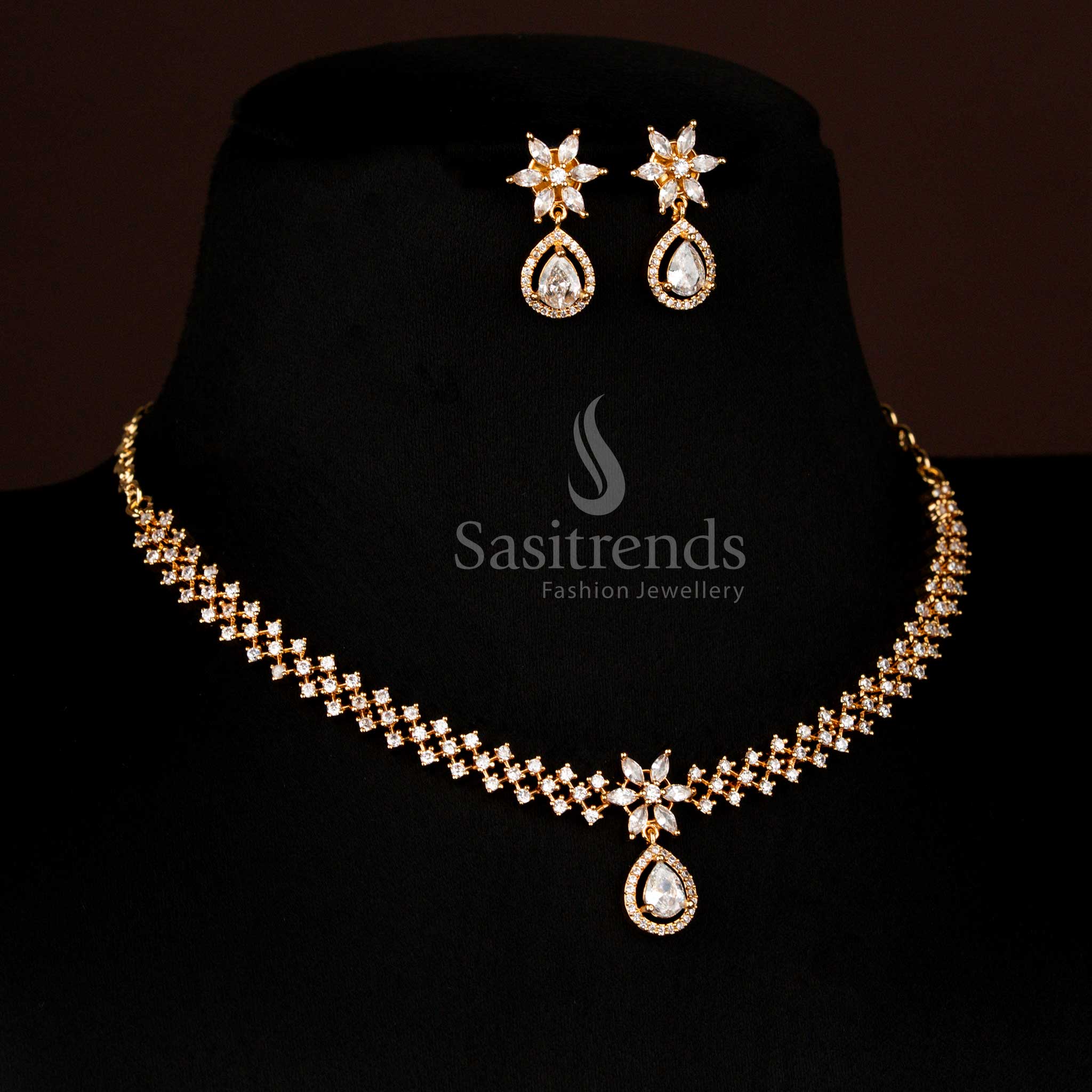 Gorgeous American Diamond Micro Gold Plated Necklace Jewellery Set with Floral Motif and Marquise Shape Inspired Stones - Sasitrends - Image 6