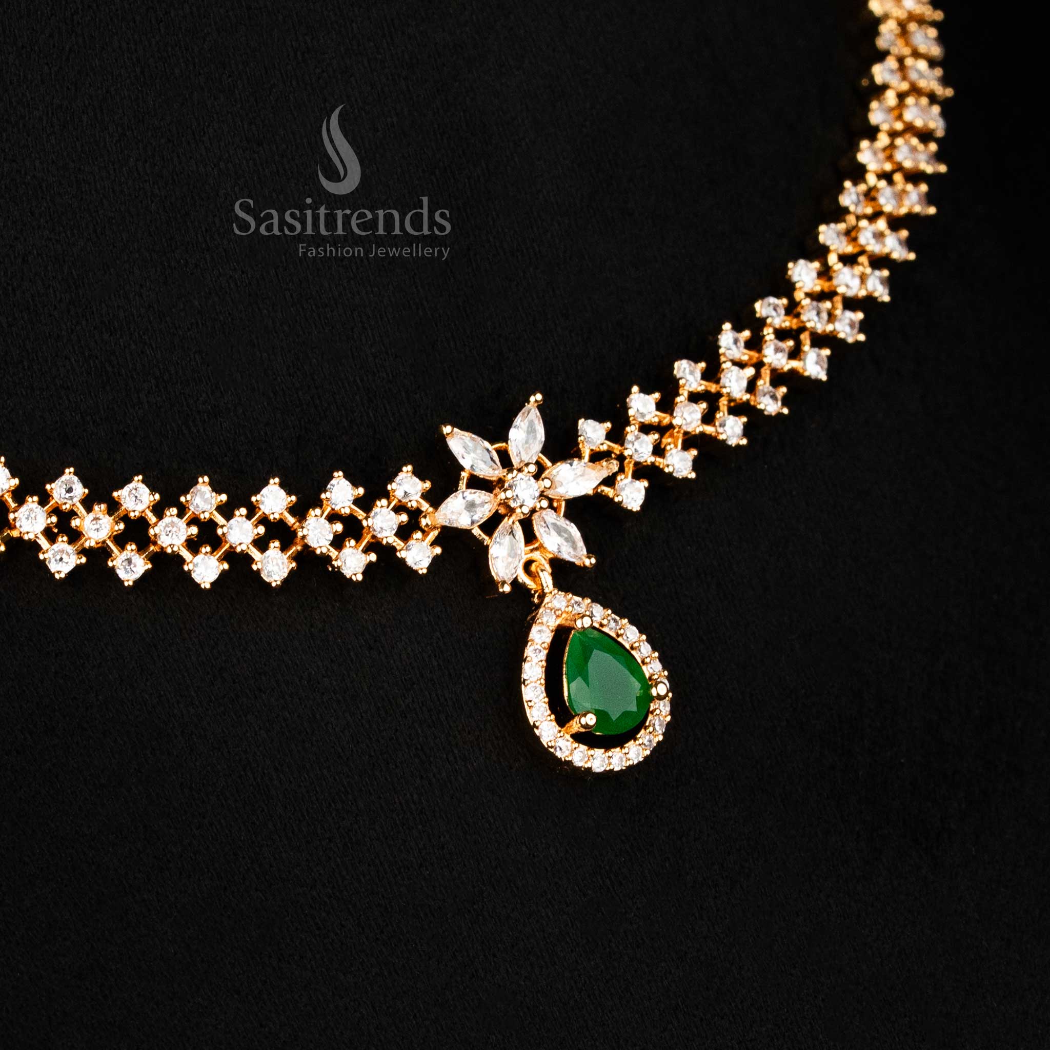 Gorgeous American Diamond Micro Gold Plated Necklace Jewellery Set with Floral Motif and Marquise Shape Inspired Stones - Sasitrends - Image 7