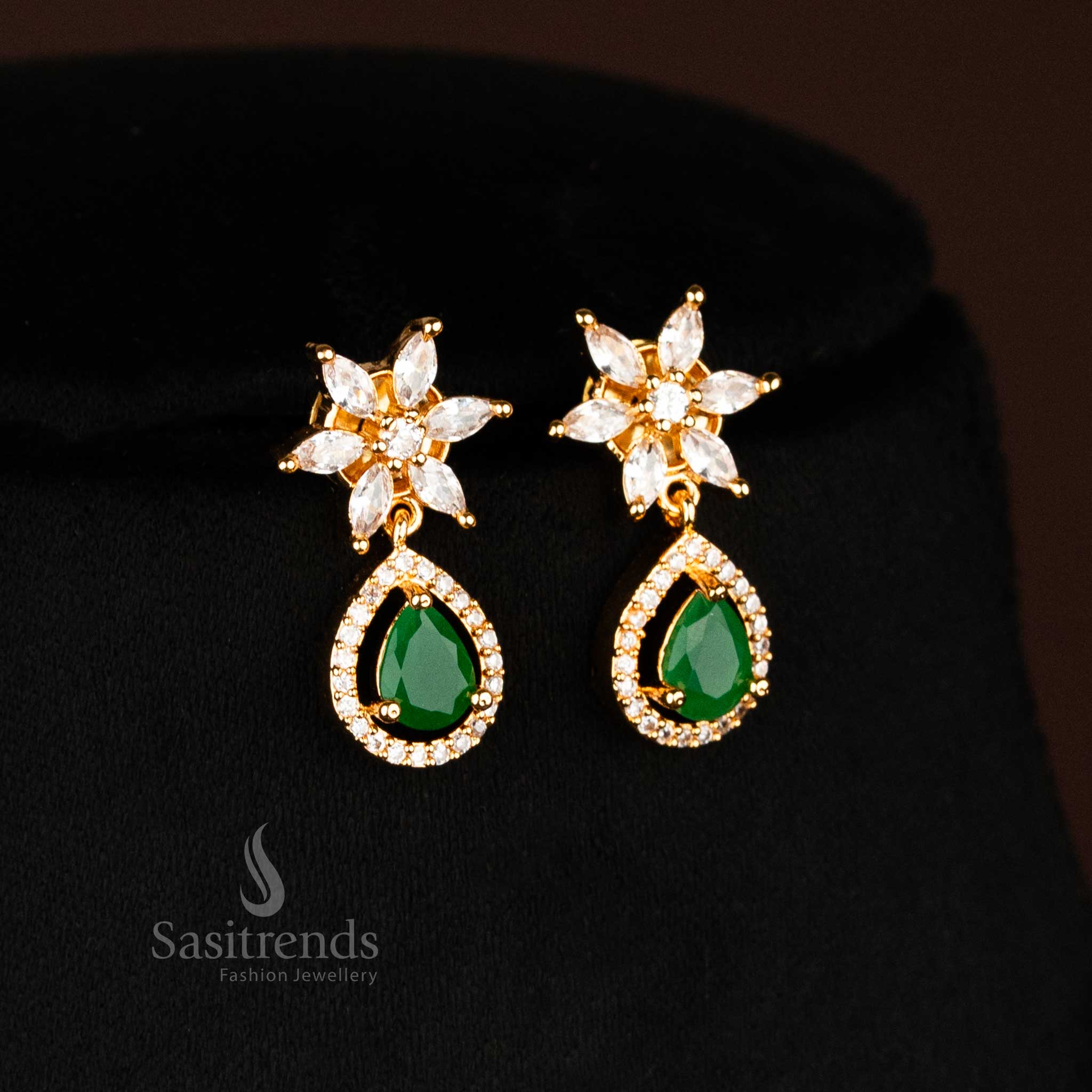 Gorgeous American Diamond Micro Gold Plated Necklace Jewellery Set with Floral Motif and Marquise Shape Inspired Stones - Sasitrends - Image 8