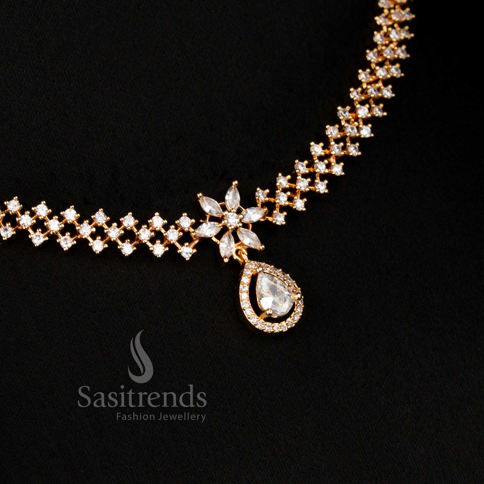 Gorgeous American Diamond Micro Gold Plated Necklace Jewellery Set with Floral Motif and Marquise Shape Inspired Stones - Sasitrends - Image 9