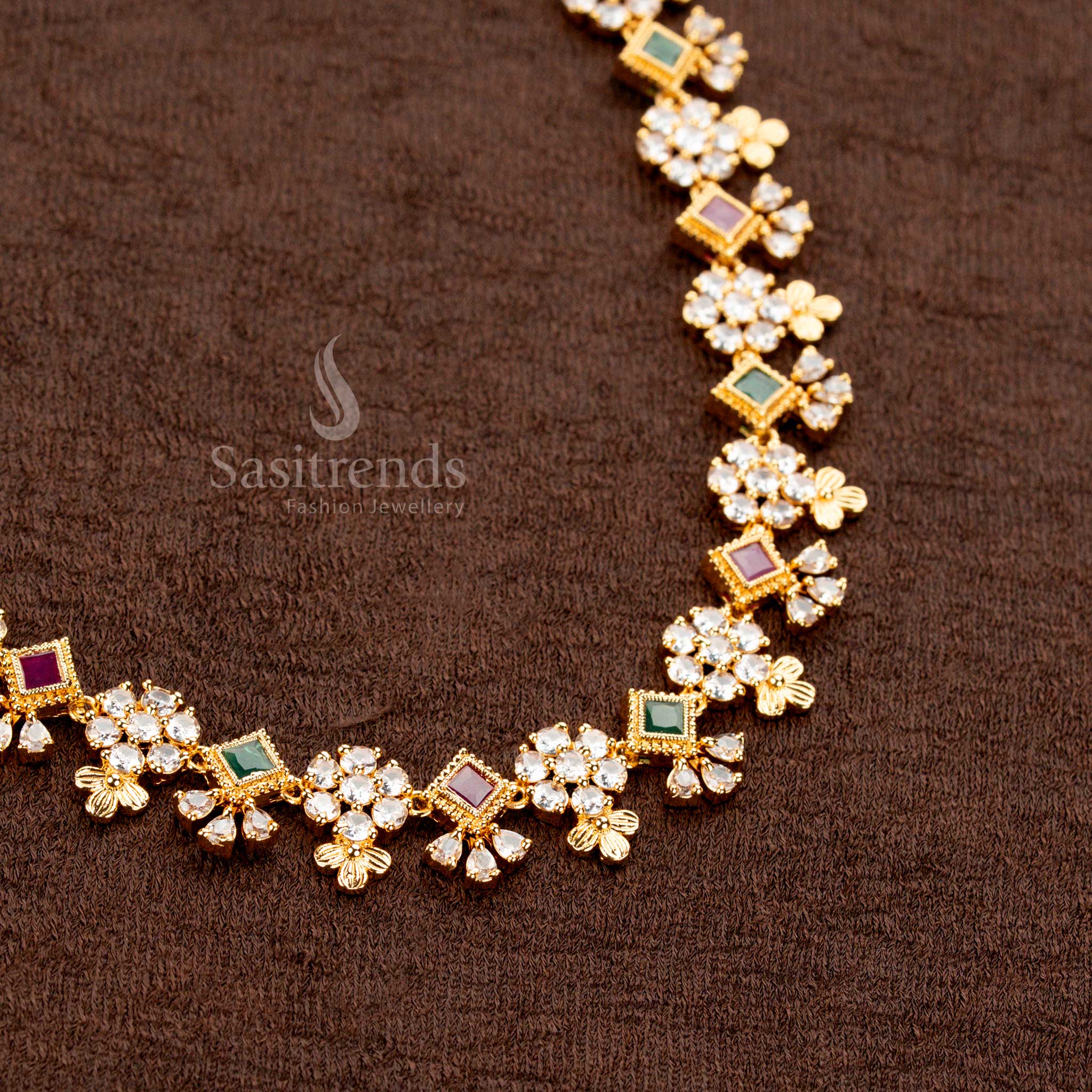 Gorgeous American Diamond Micro Gold Plated Multi-Color Stone Necklace Jewellery Set – Floral Cluster Design with Square Accents - Sasitrends - Image 3
