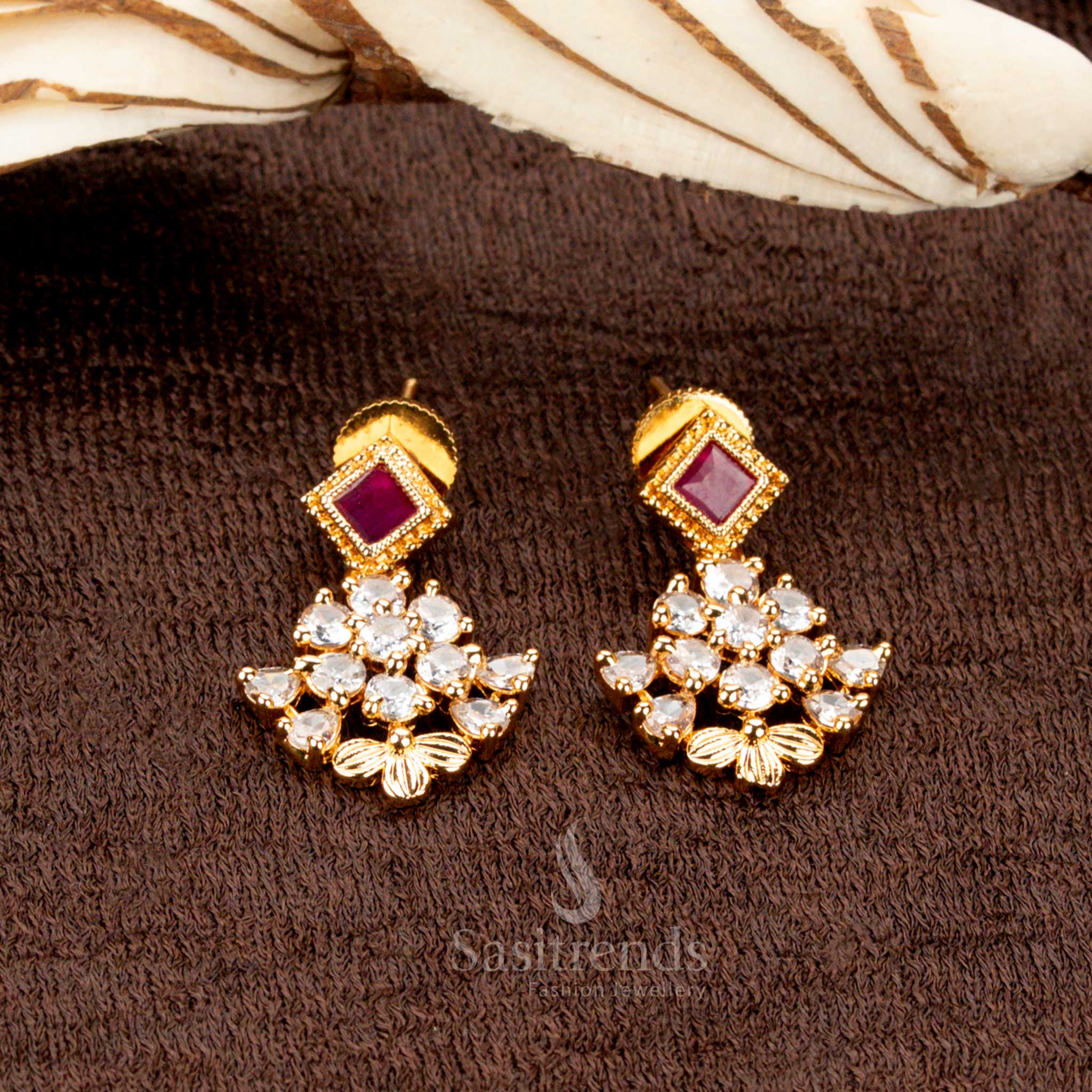 Gorgeous American Diamond Micro Gold Plated Multi-Color Stone Necklace Jewellery Set – Floral Cluster Design with Square Accents - Sasitrends - Image 4