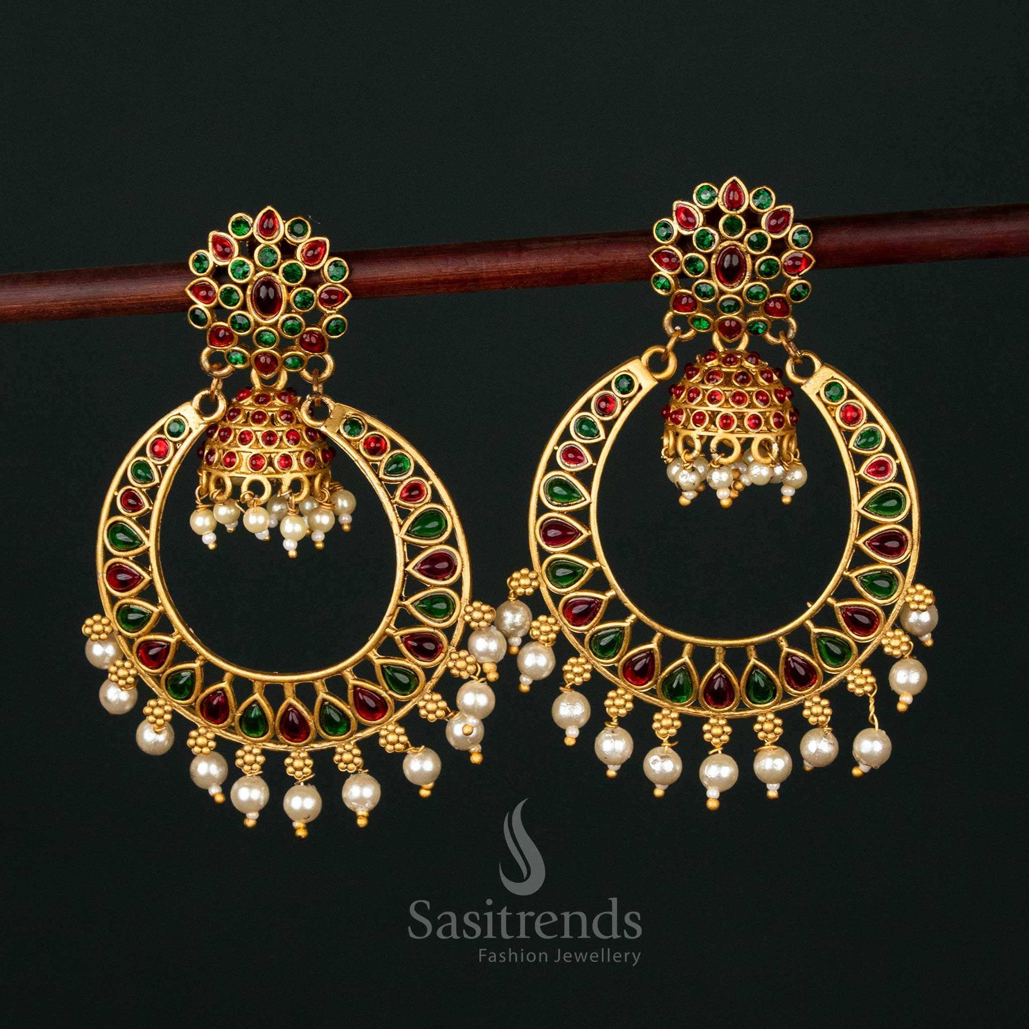 Gold Plated Pearl Big Chandbali Earrings – Traditional Festive Wear - Sasitrends - Image 3