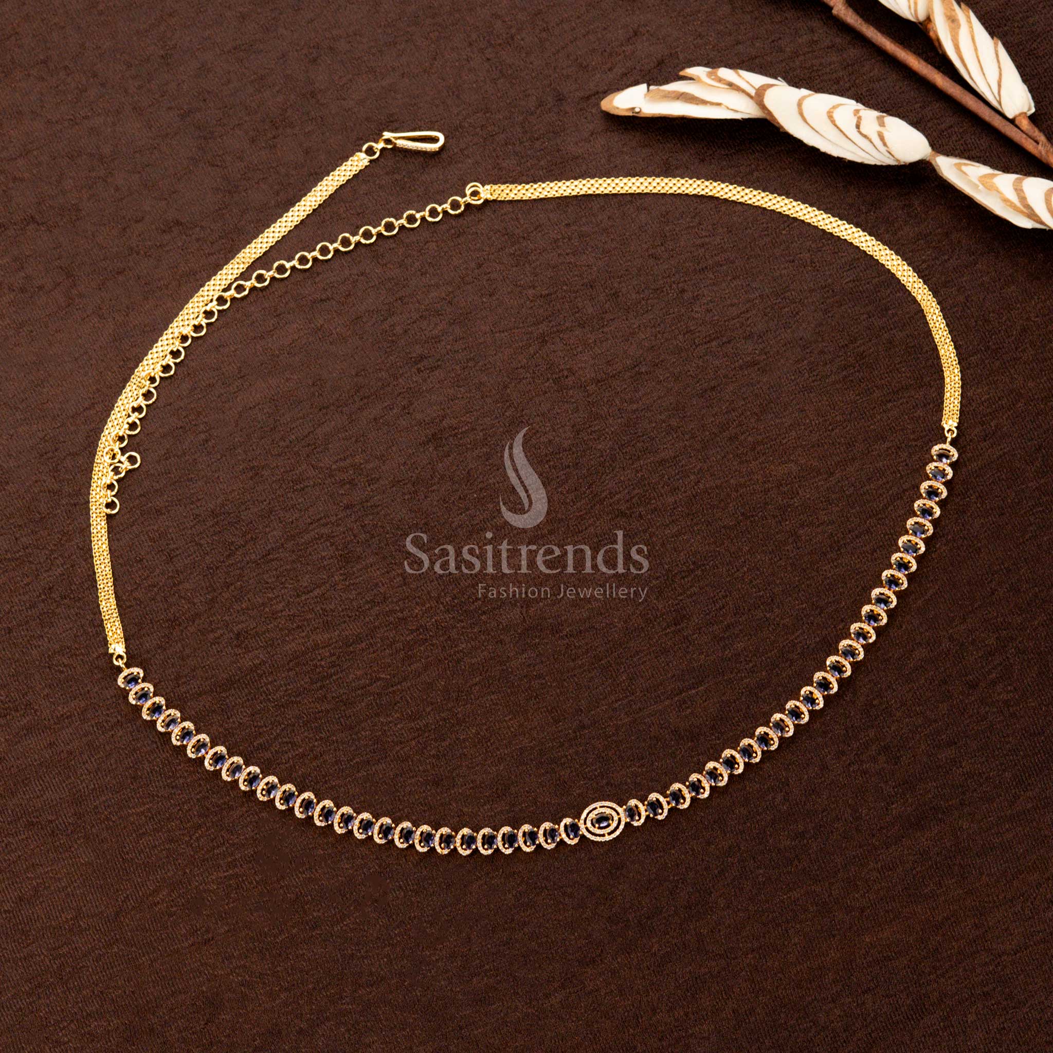 Stunning American Diamond Gold Plated Hip Belt – Green Oval Stone Single Line Design with Center Ring Motif | Adjustable Saree Chain - Sasitrends - Image 4
