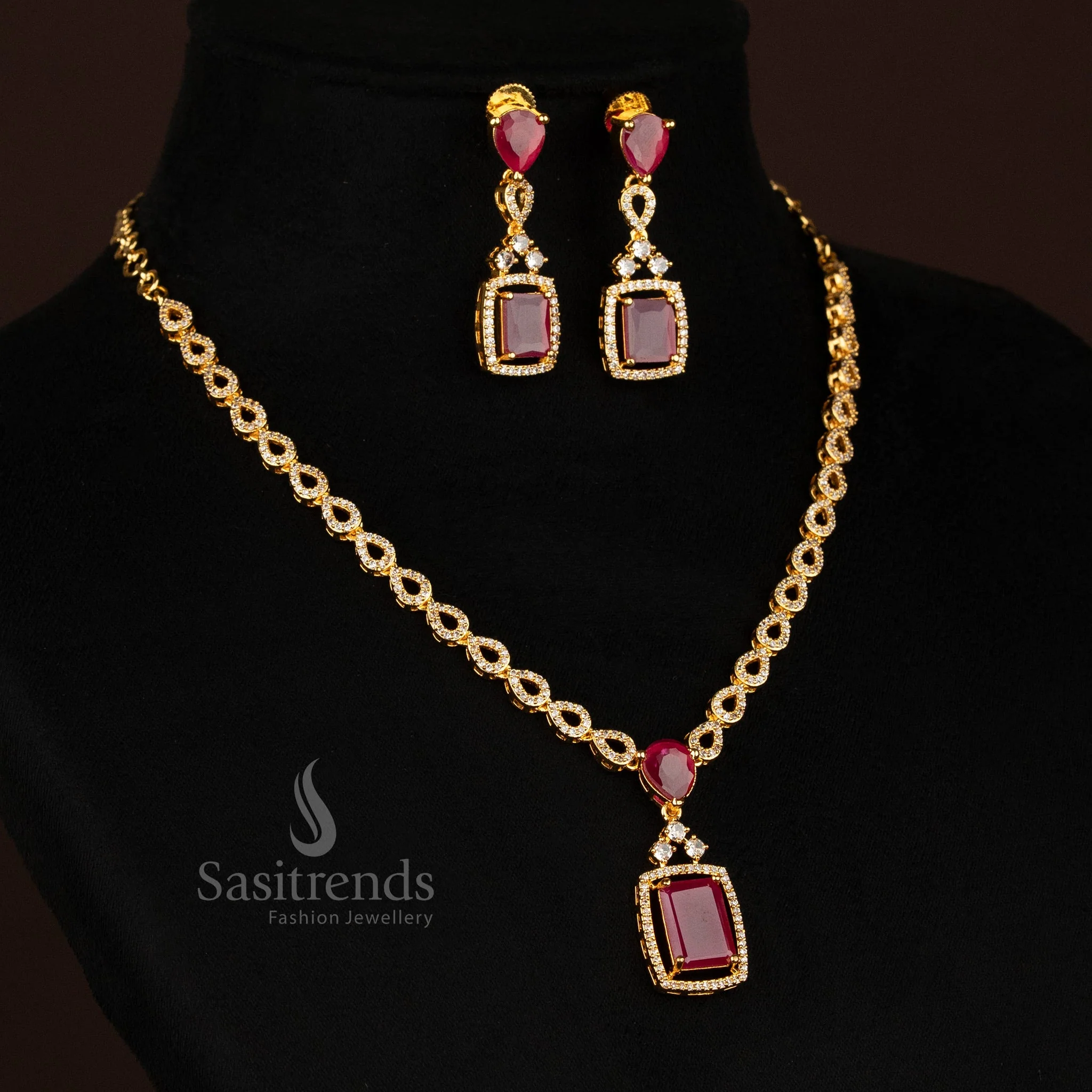 Stunning American Diamond Micro Gold Plated Rectangular Pendant Necklace Jewellery Set with Infinity Loop Chain and Teardrop Accent | One Gram Guaranteed Using 24 Carat Pure Gold - Sasitrends