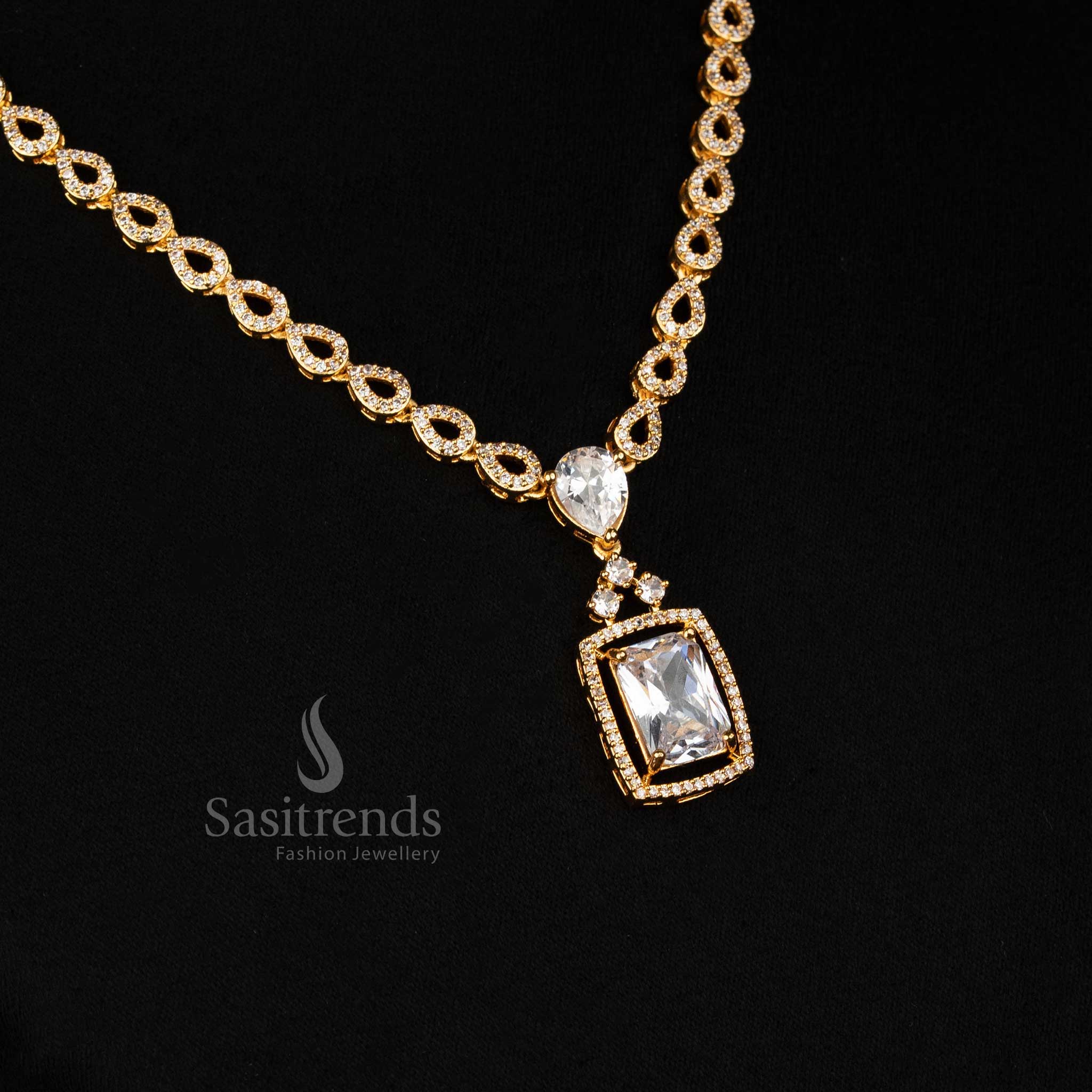 Stunning American Diamond Micro Gold Plated Rectangular Pendant Necklace Jewellery Set with Infinity Loop Chain and Teardrop Accent | One Gram Guaranteed Using 24 Carat Pure Gold - Sasitrends - Image 6