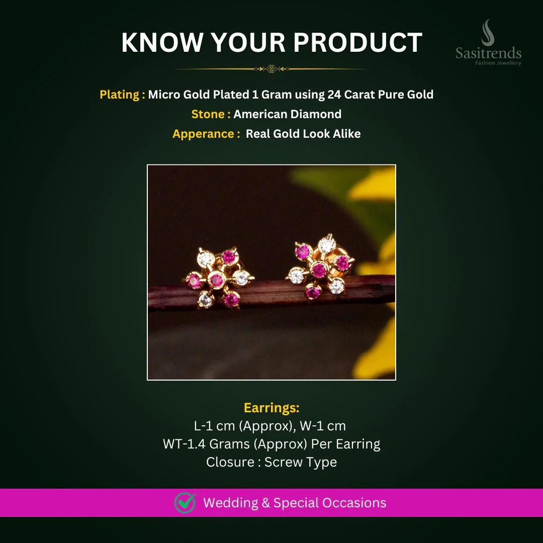 Vibrant Multi-Petal Floral Design Micro Gold Plated 1 Gram Impon American Diamond Stud Earrings - Sasitrends - Image 4