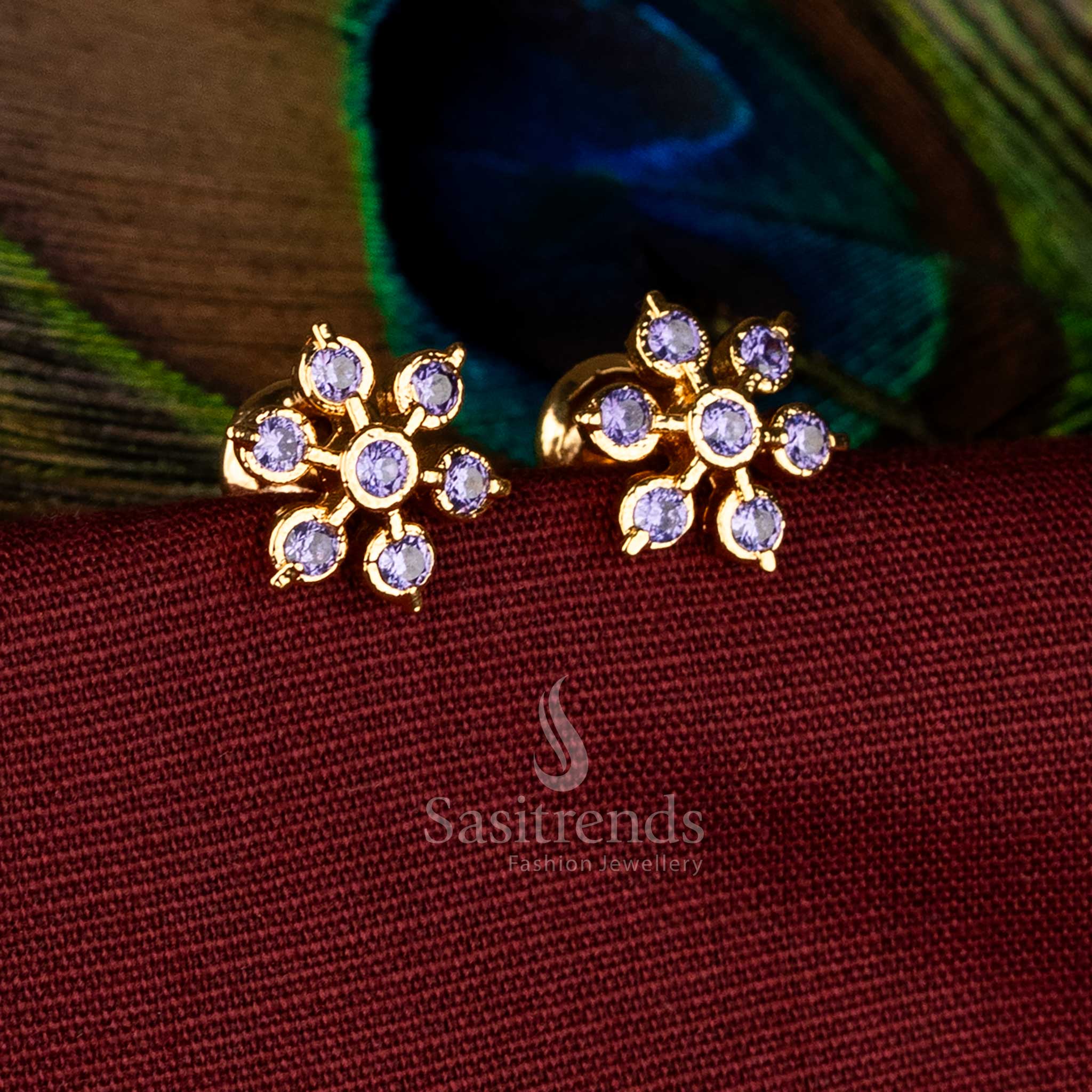 Vibrant Multi-Petal Floral Design Micro Gold Plated 1 Gram Impon American Diamond Stud Earrings - Sasitrends - Image 9