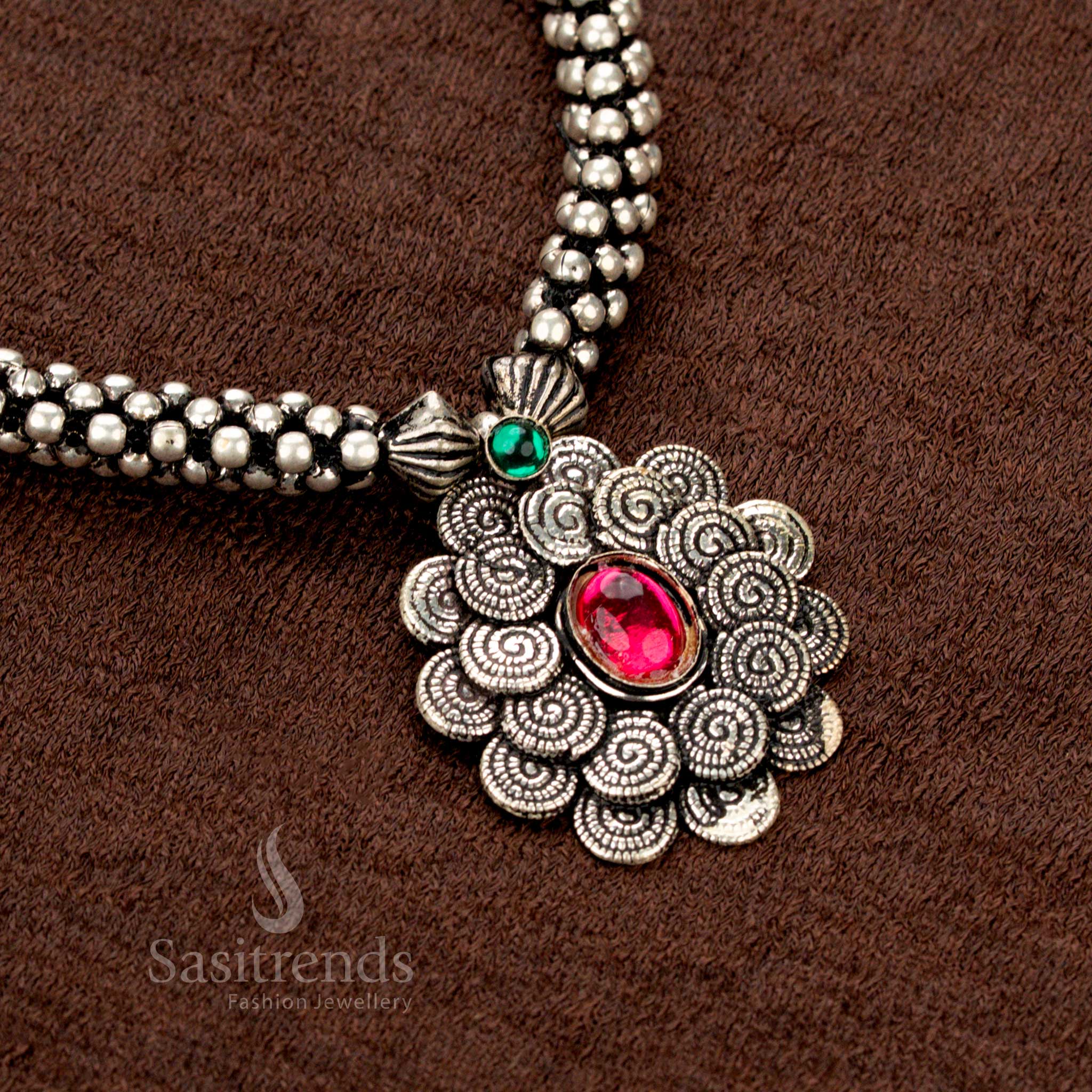 Kolapuri Oxidised Floral Spiral Pendant Choker Necklace Jewellery Set – Traditional Navarathri Special - Sasitrends - Image 2
