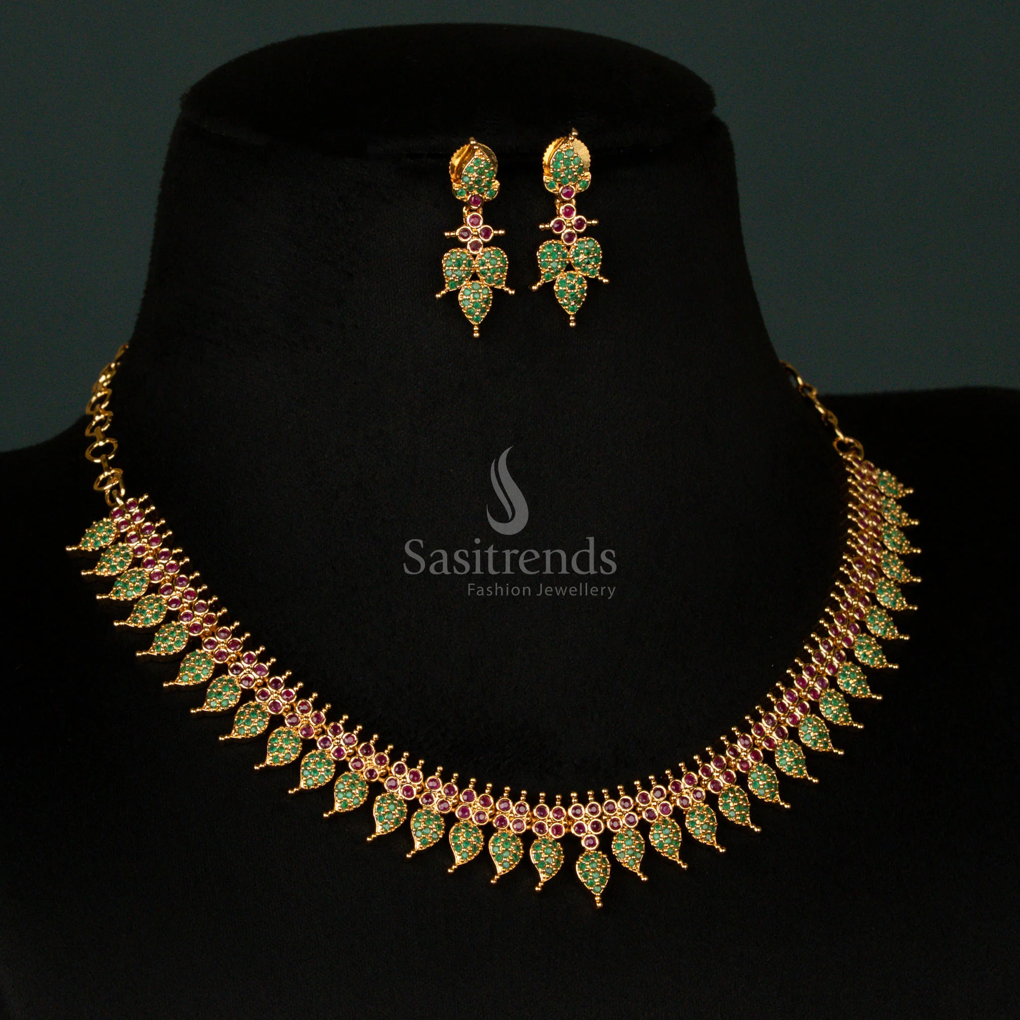 Traditional Micro Gold Plated Leaf Pattern Necklace Jewellery Set with American Diamond Stones For Festive Wear - Sasitrends - Image 2