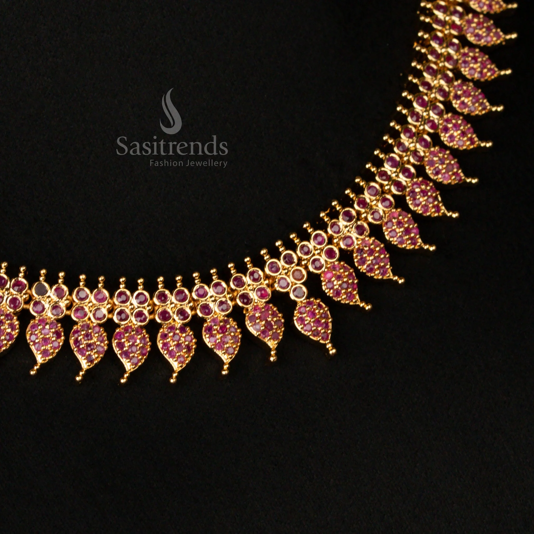 Traditional Micro Gold Plated Leaf Pattern Necklace Jewellery Set with American Diamond Stones For Festive Wear - Sasitrends - Image 3