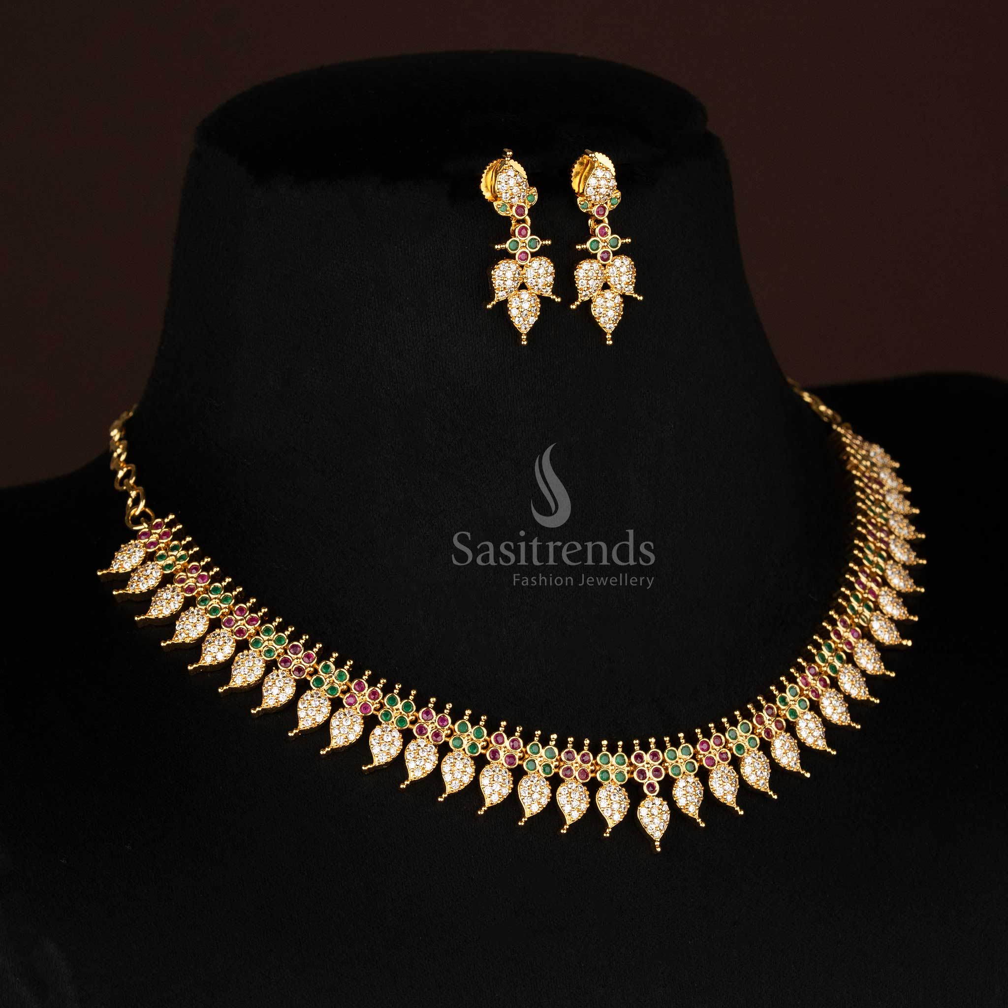 Traditional Micro Gold Plated Leaf Pattern Necklace Jewellery Set with American Diamond Stones For Festive Wear - Sasitrends - Image 7