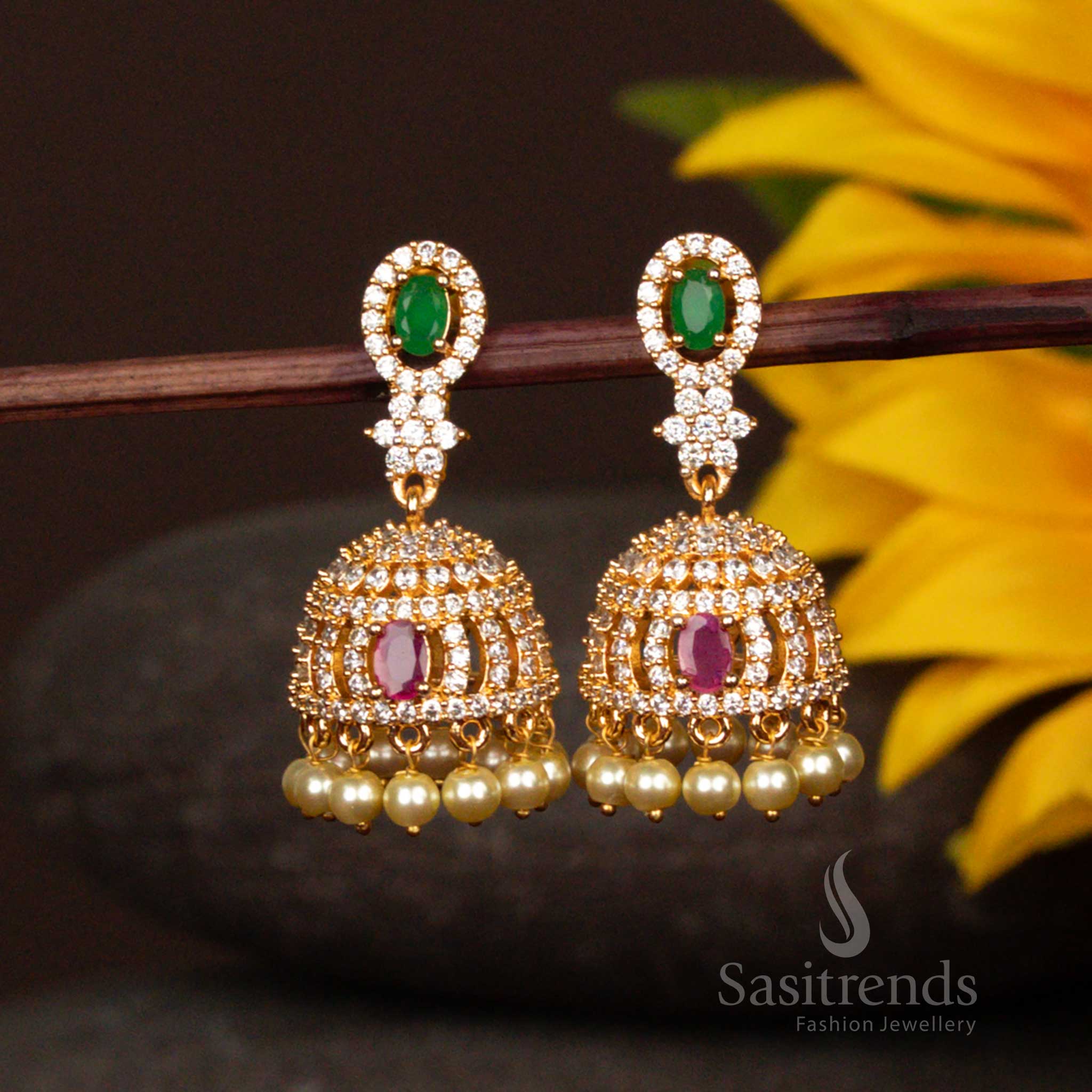 Attractive Micro Gold Plated Jhumka Earrings - Multi-Gem & Pearl Dropping, Intricate Product Structure - Sasitrends - Image 5