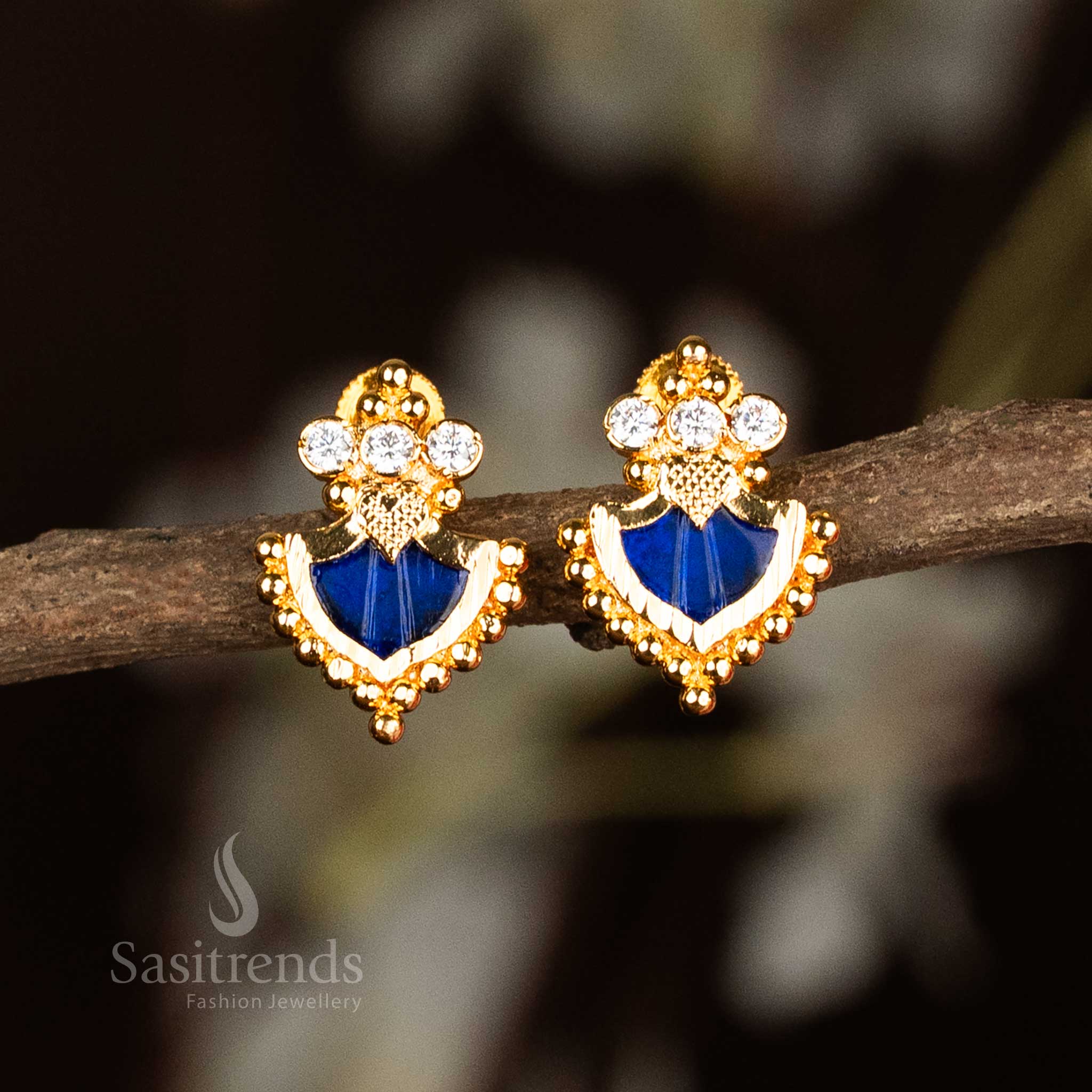 Wonderful Micro Gold Plated Traditional Palakka Earrings with Straight Three AD Stones – Kerala Style Temple Jewellery - Sasitrends - Image 3