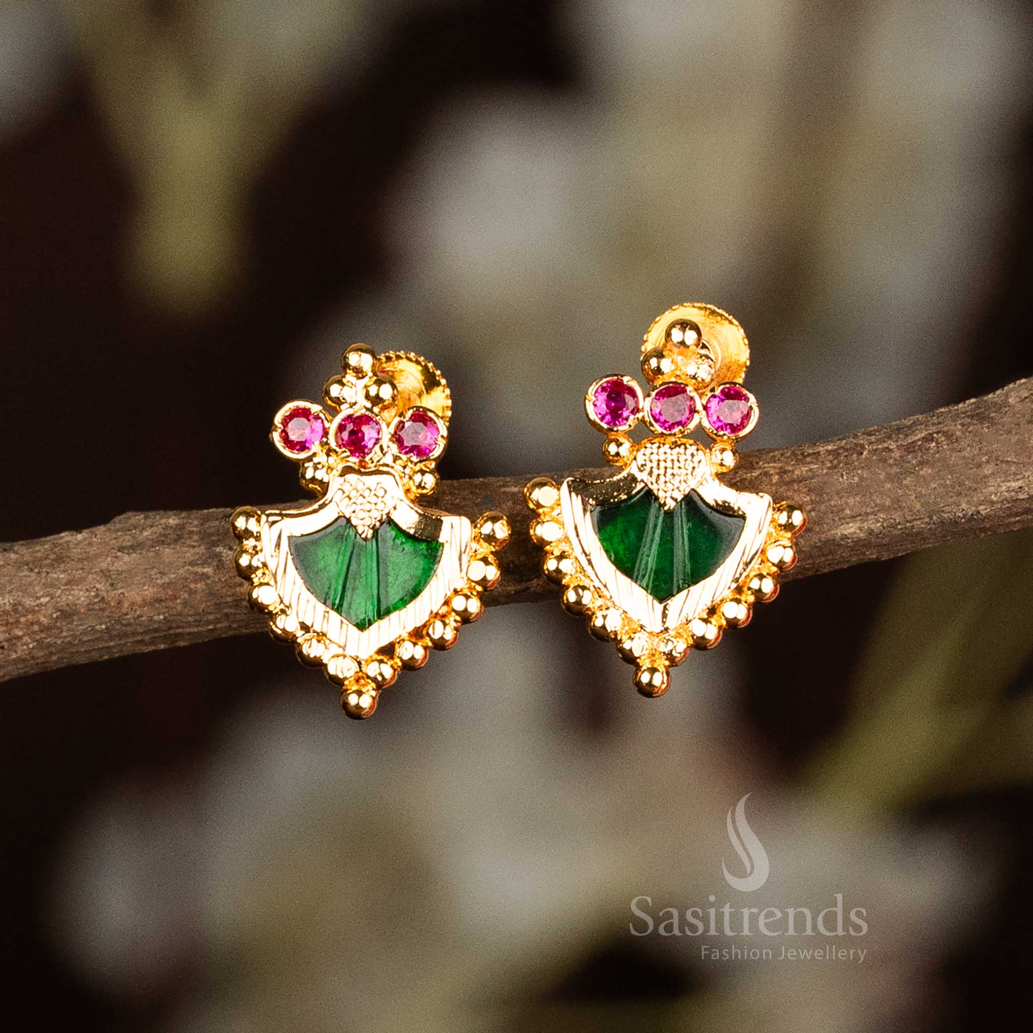 Wonderful Micro Gold Plated Traditional Palakka Earrings with Straight Three AD Stones – Kerala Style Temple Jewellery - Sasitrends - Image 4