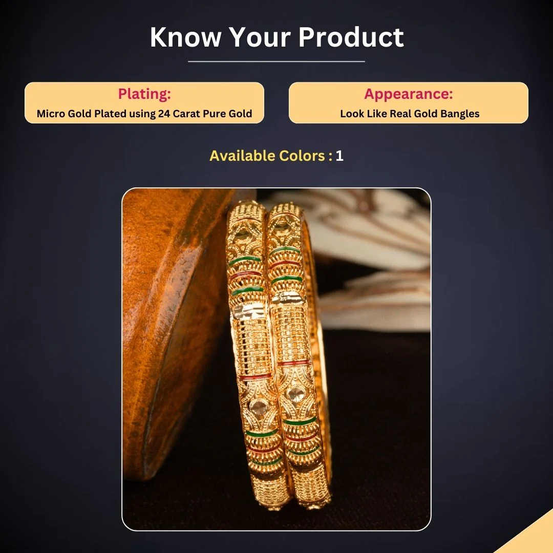 Guaranteed Micro Gold Plated Traditional Textured Bangles with Intricate Carving & Stone Embellishments - Sasitrends - Image 2