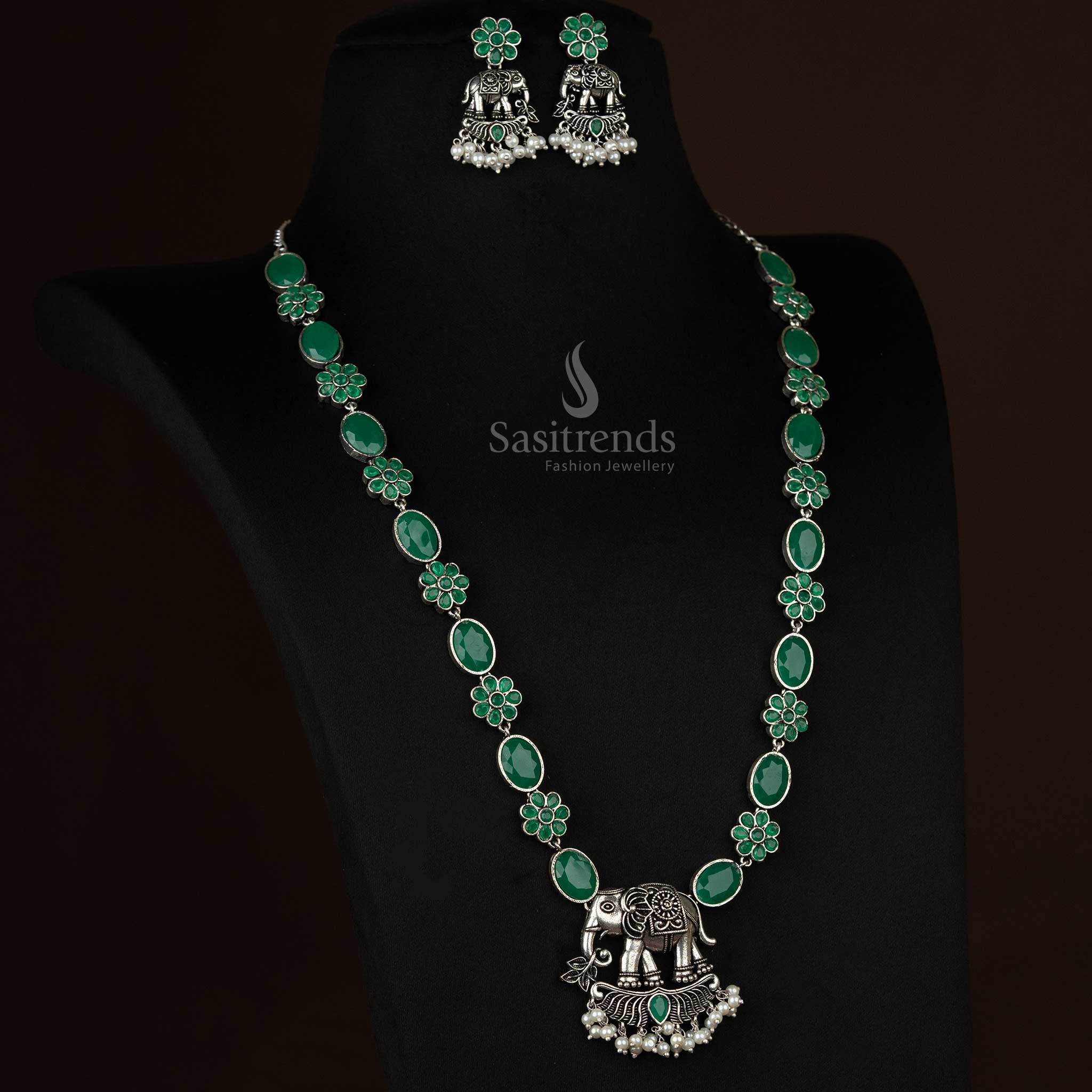 Wonderful Collection Of Oxidised Elephant Pendant Long Necklace Jewellery Set with Pearl Drops For Festive Occassions - Sasitrends - Image 10