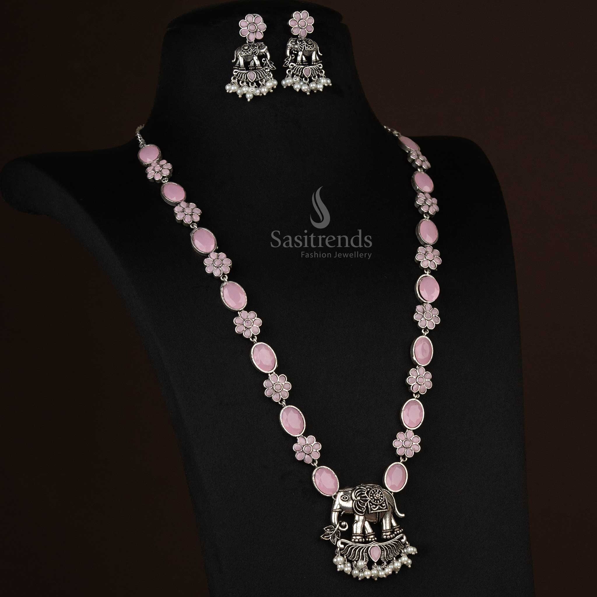 Wonderful Collection Of Oxidised Elephant Pendant Long Necklace Jewellery Set with Pearl Drops For Festive Occassions - Sasitrends - Image 4